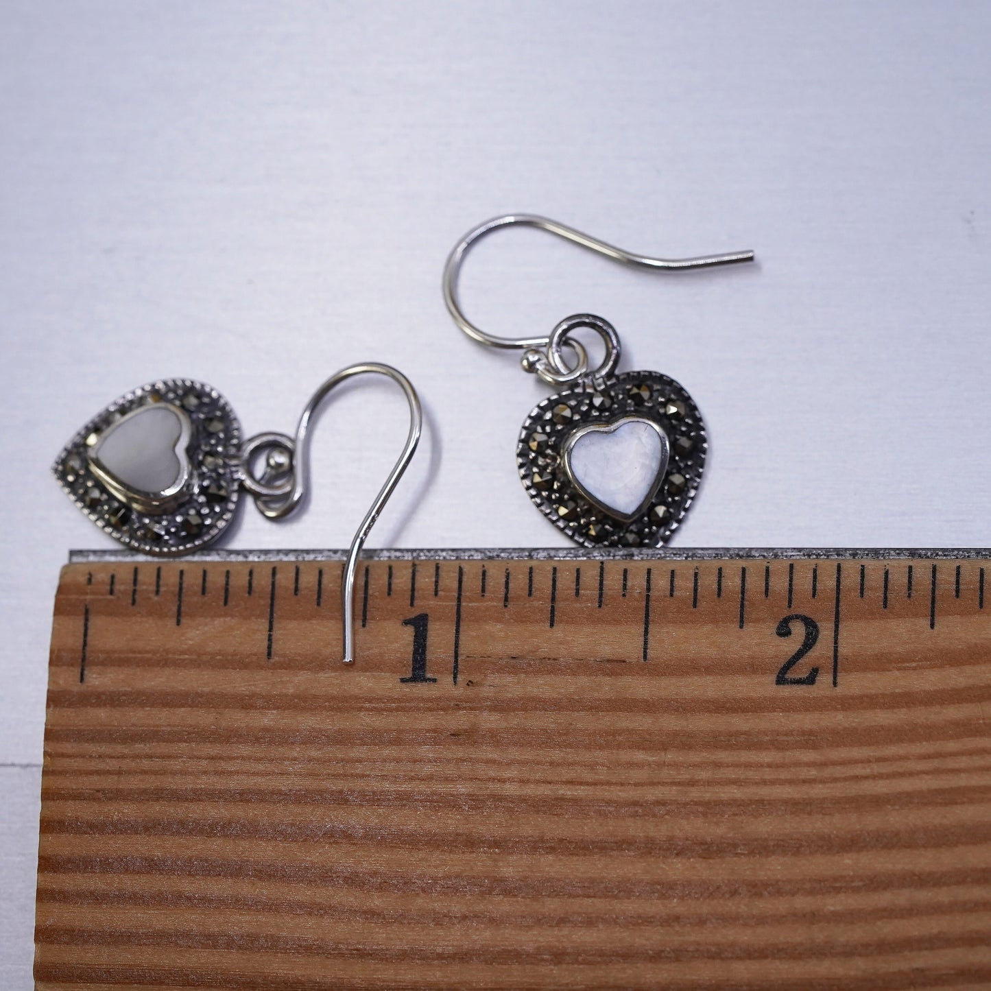 Sterling 925 silver handmade earrings with heart mother of pearl and Marcasite