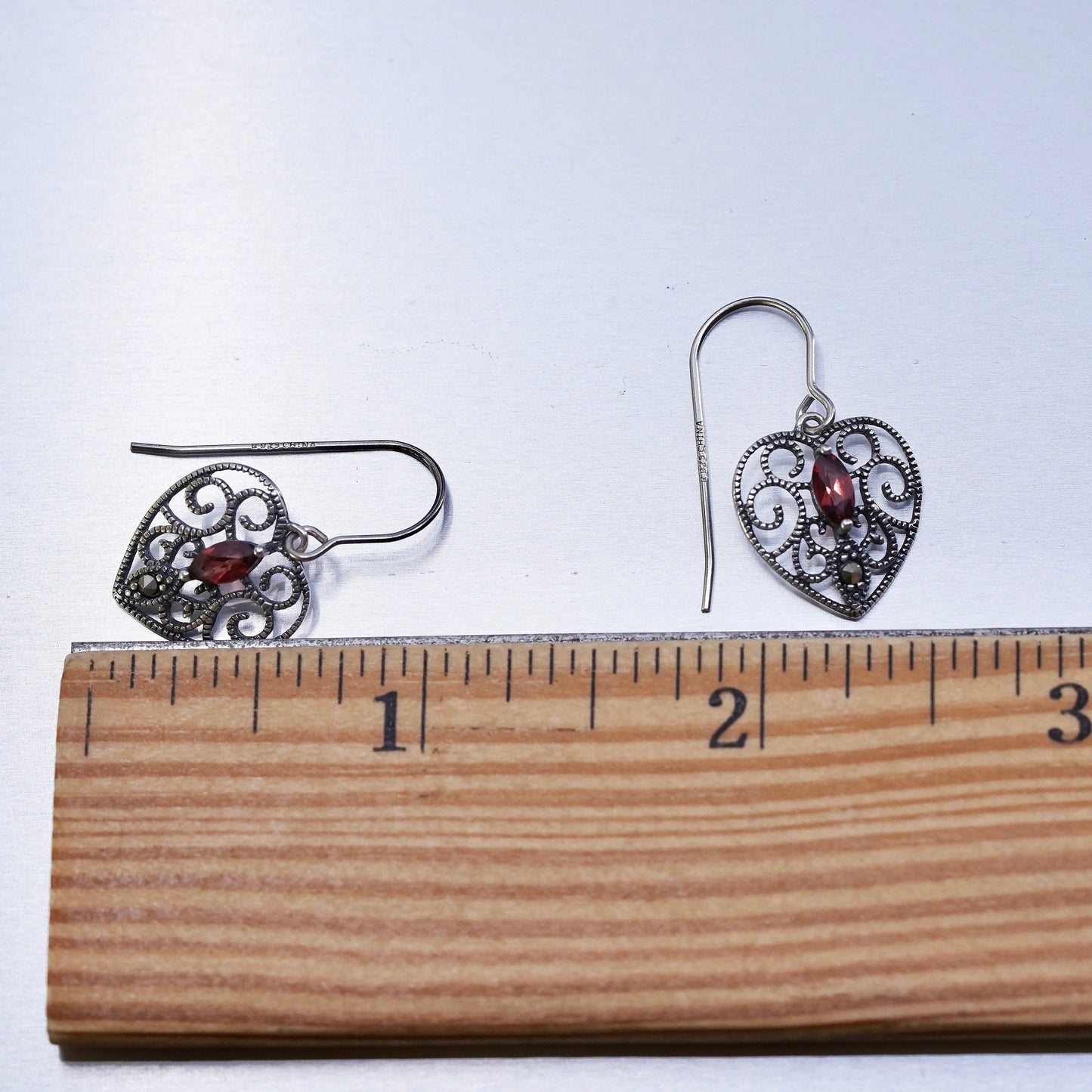 Vintage Sterling 925 silver filigree heart earrings with garnet