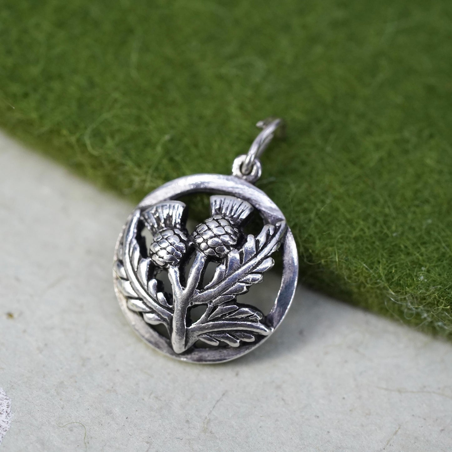 Vintage sterling silver handmade flower brooch, thistle circle pendant