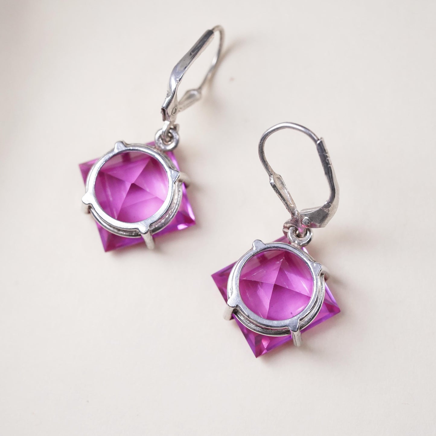 Vintage Sterling 925 silver handmade square earrings with pink crystal