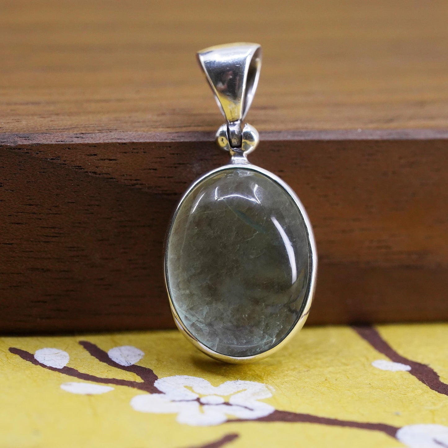 Vintage Sterling silver handmade pendant, 925 oval with prehnite