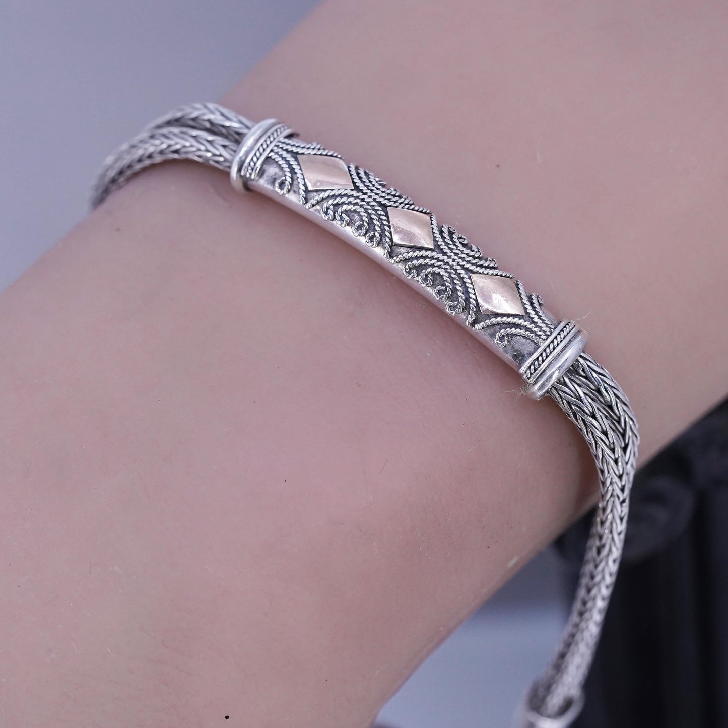7+1.5", Sterling Silver Bracelet, 925 Double Wheat Chain bar, 12M rose gold