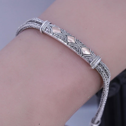 7+1.5", Sterling Silver Bracelet, 925 Double Wheat Chain bar, 12M rose gold