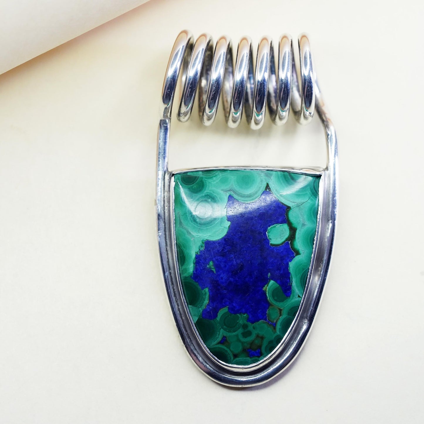 Vintage sterling 925 silver handmade spring pendant w/ Azurmalachite malachite