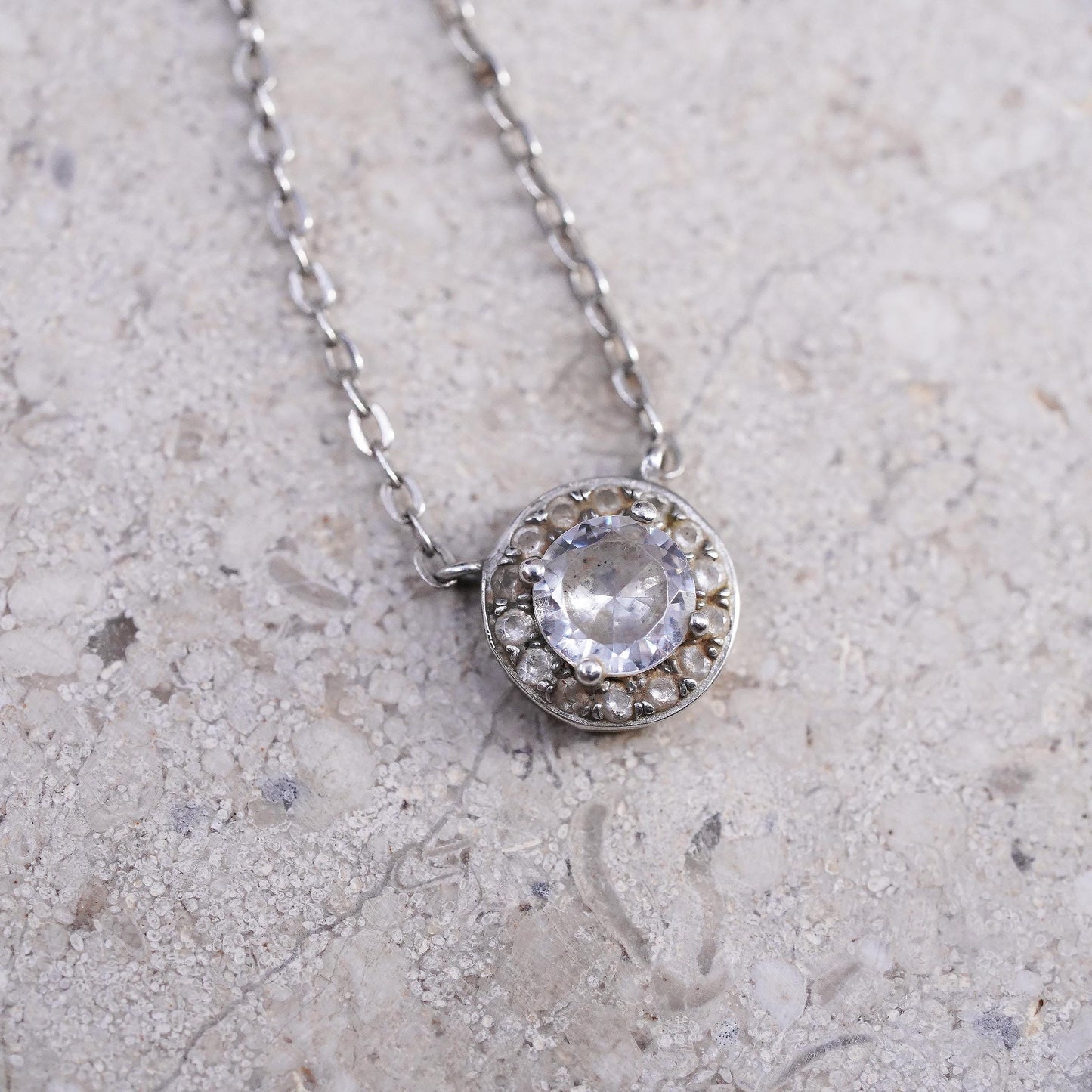 16+2", vintage Sterling silver necklace, 925 circle chain cluster cz pendant