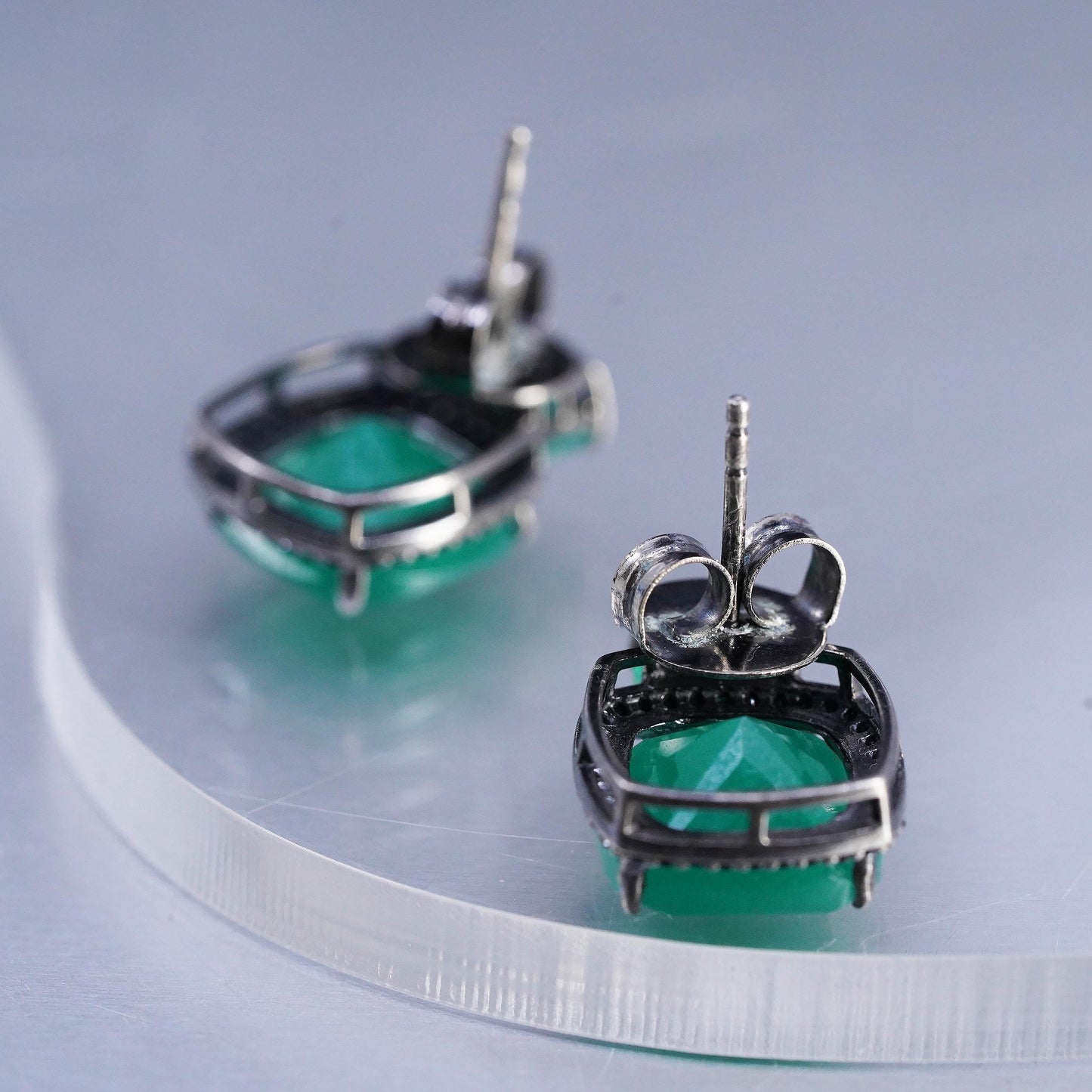 Vintage Oxidized 925 Sterling Silver Green Onyx Stud Earrings Black Spinel Halo