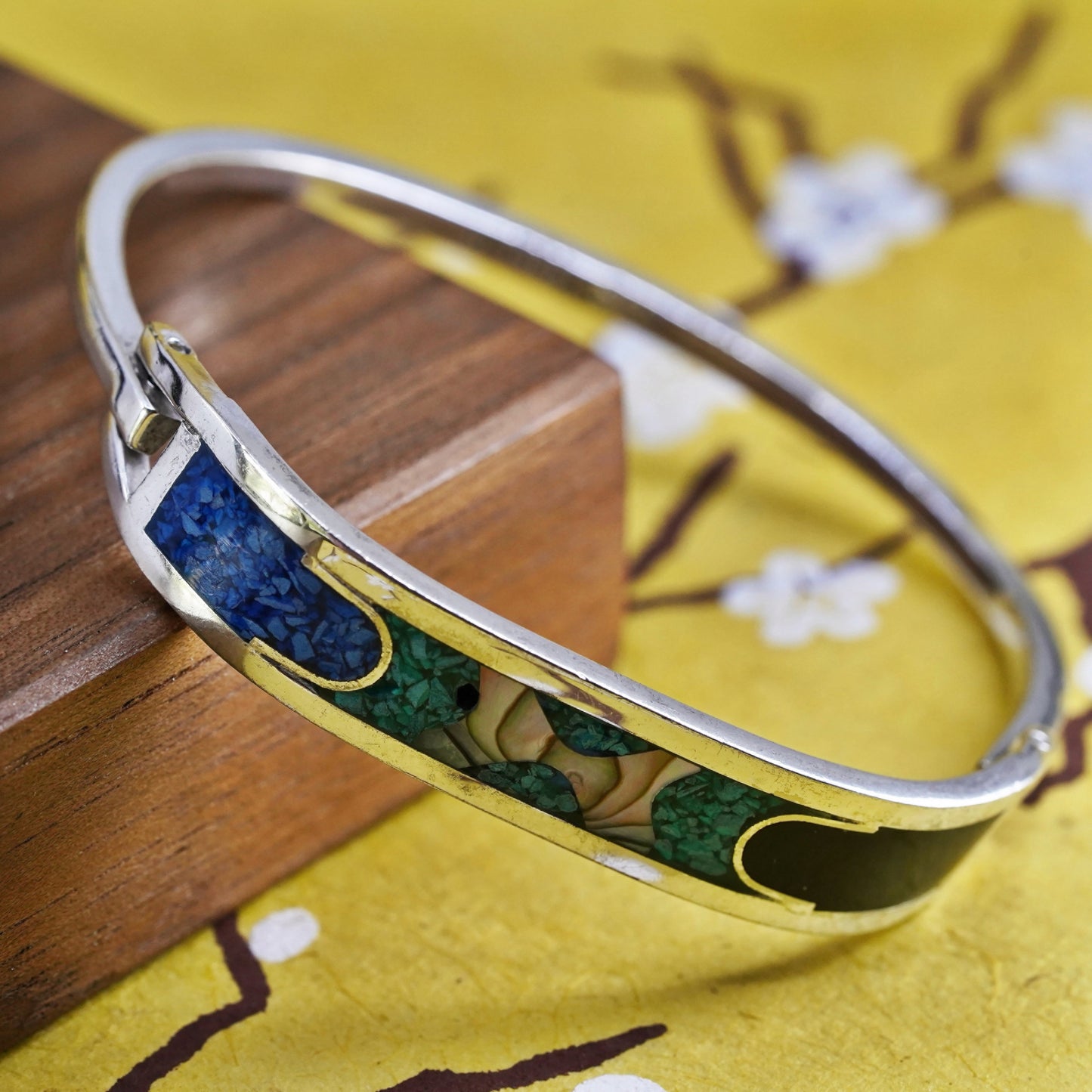 6.5”, Sterling 925 silver handmade bracelet, Mexico hinged bangle w/ turquoise