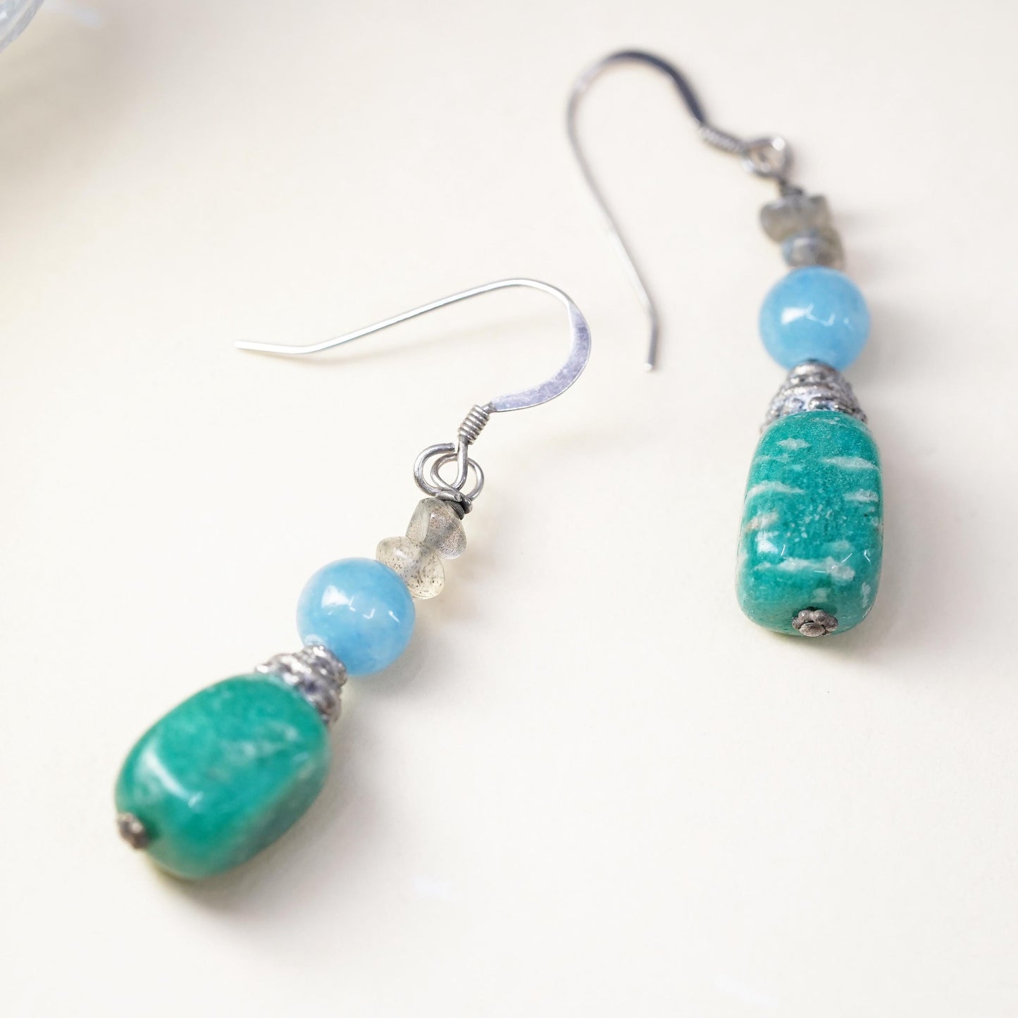 Southwestern sterling silver 925 handmade earrings w/ jade nugget larimar beads