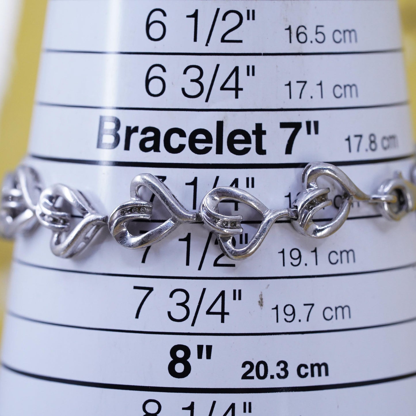 7.5”, vintage Sterling silver tennis bracelet, 925 heart link chain diamonds
