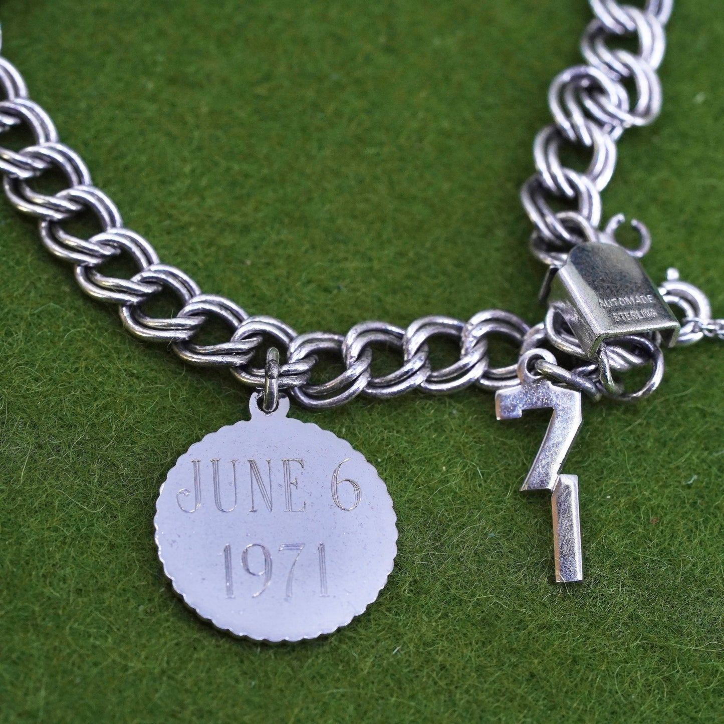 7", 7mm, Vintage sterling silver bracelet, 925 double curb chain with 5 charms