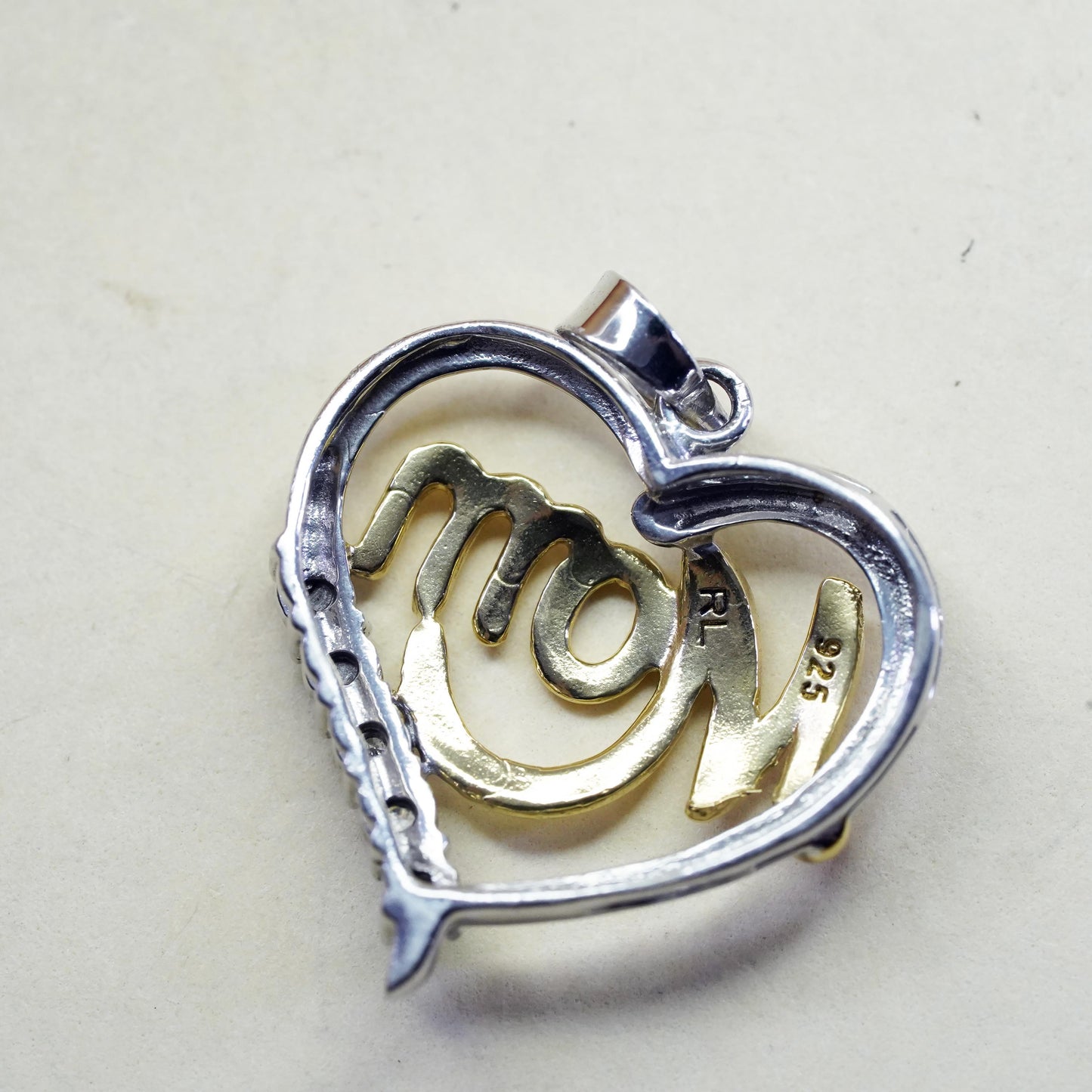 Vintage two tone Sterling 925 silver heart pendant with Mom diamond detailing