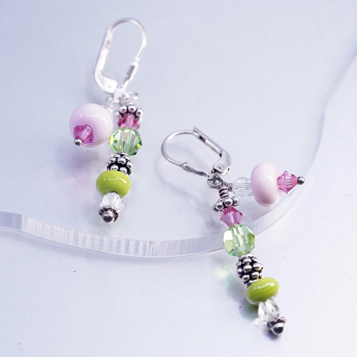 Vinatge sterling silver earrings, 925 lever back hooks with pink green beads