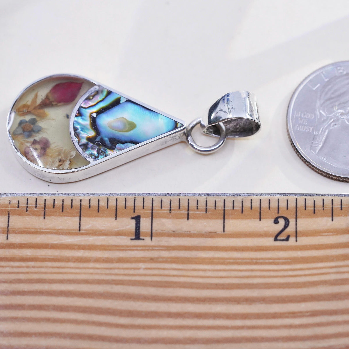 VTG sterling silver handmade pendant, Mexican 925 teardrop abalone floral resin