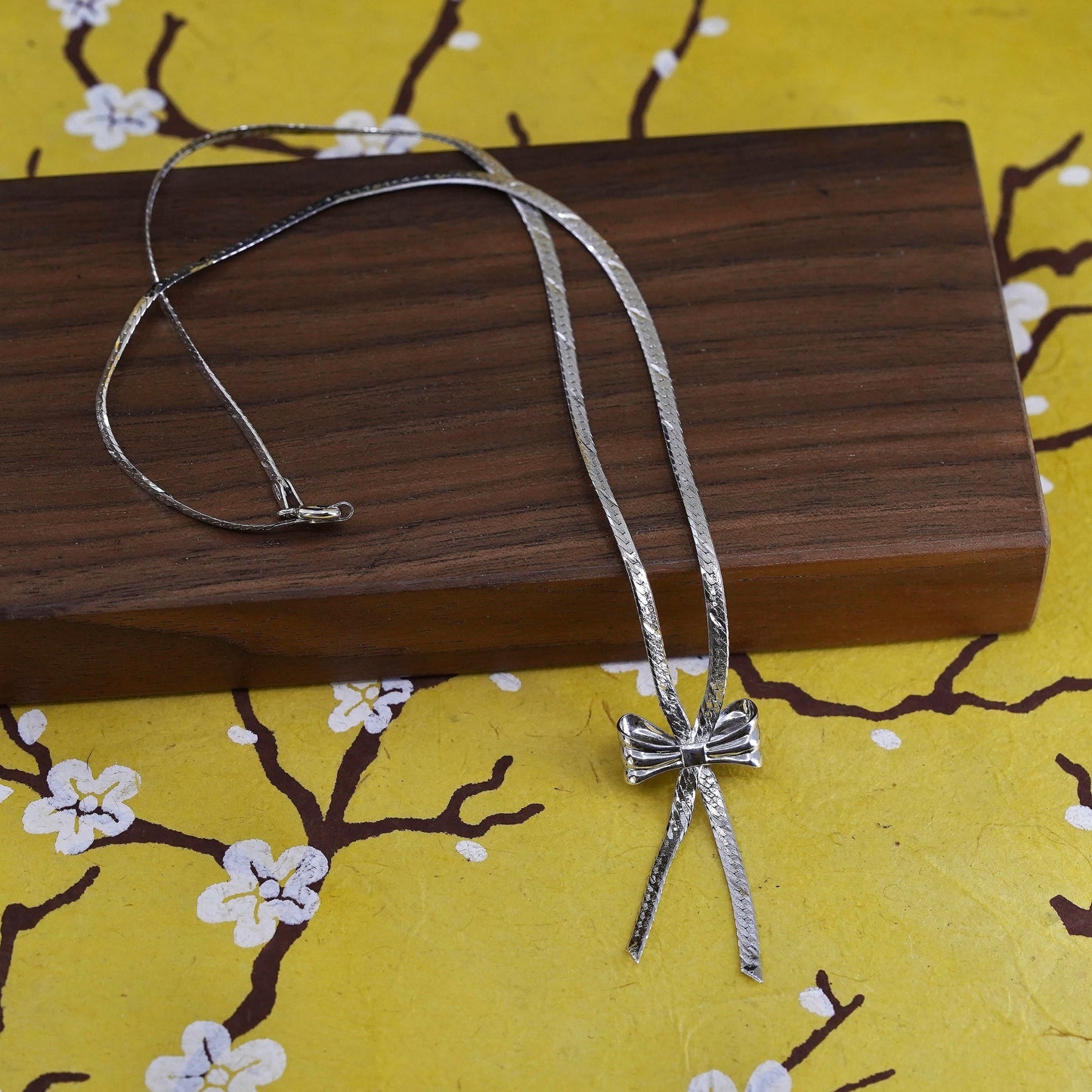 16", Sterling silver herringbone chain, Italy 925 necklace with ribbon pendant