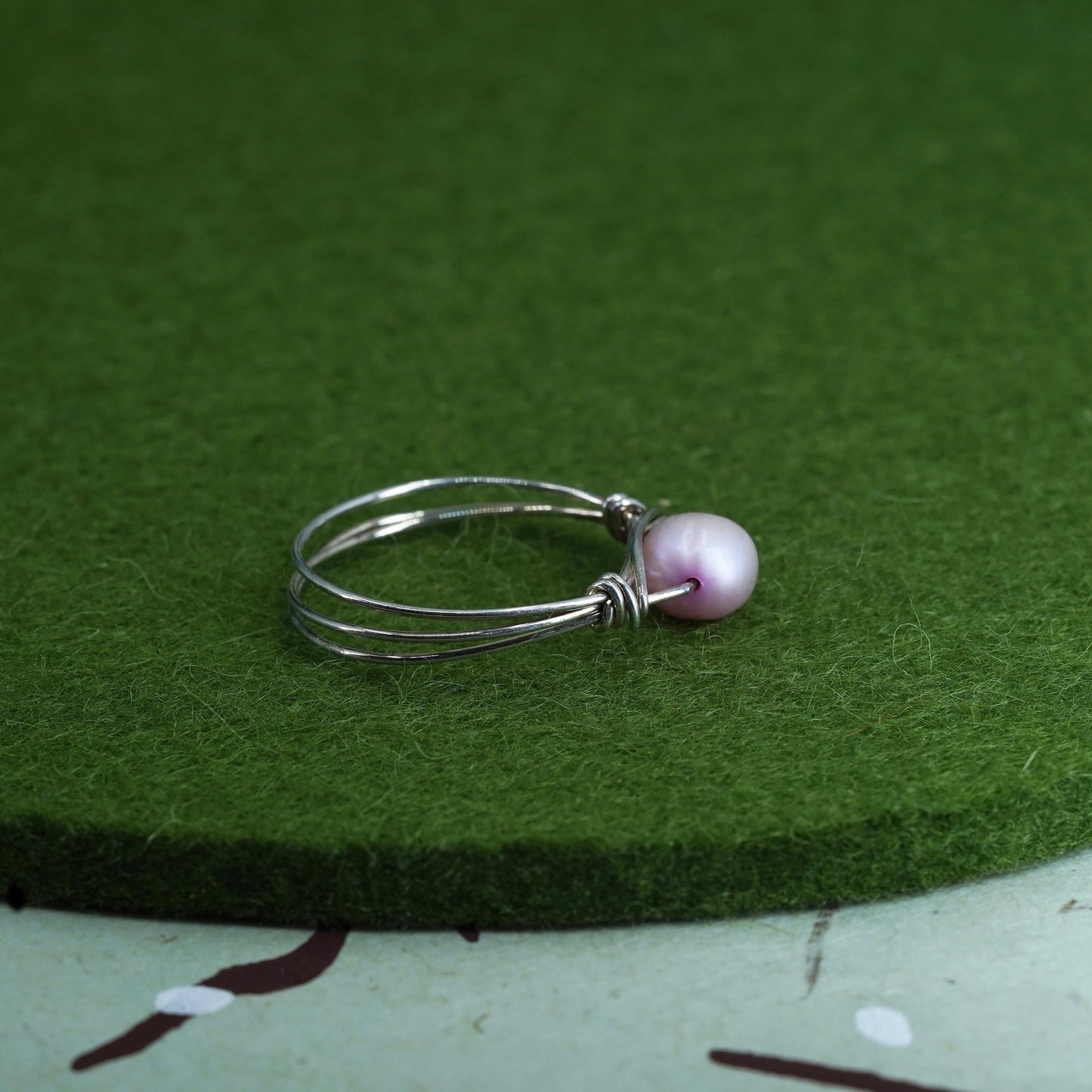 Size 8, vintage sterling 925 silver handmade wired ring with pink pearl