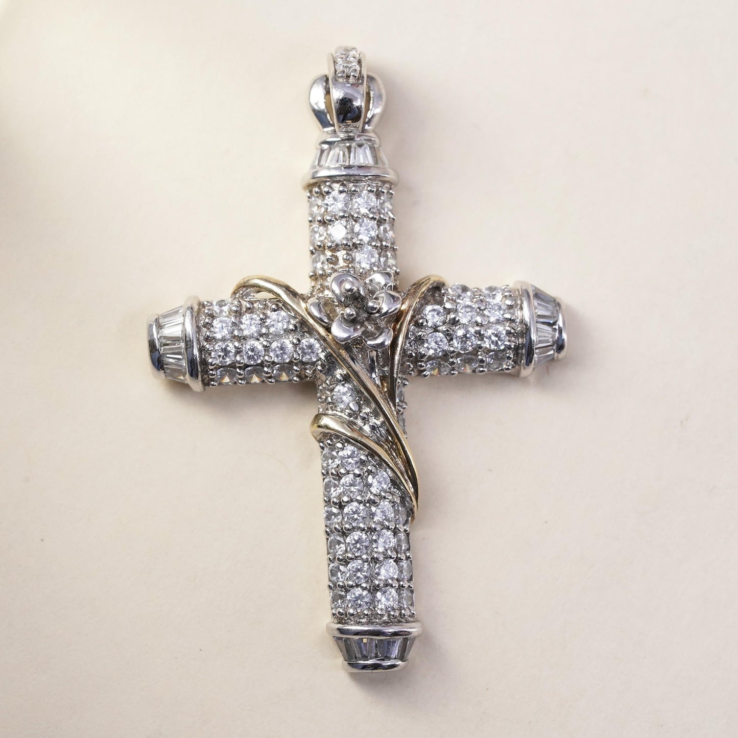 Vintage sterling silver pendant, 925 cross with cluster Cz and gold vines