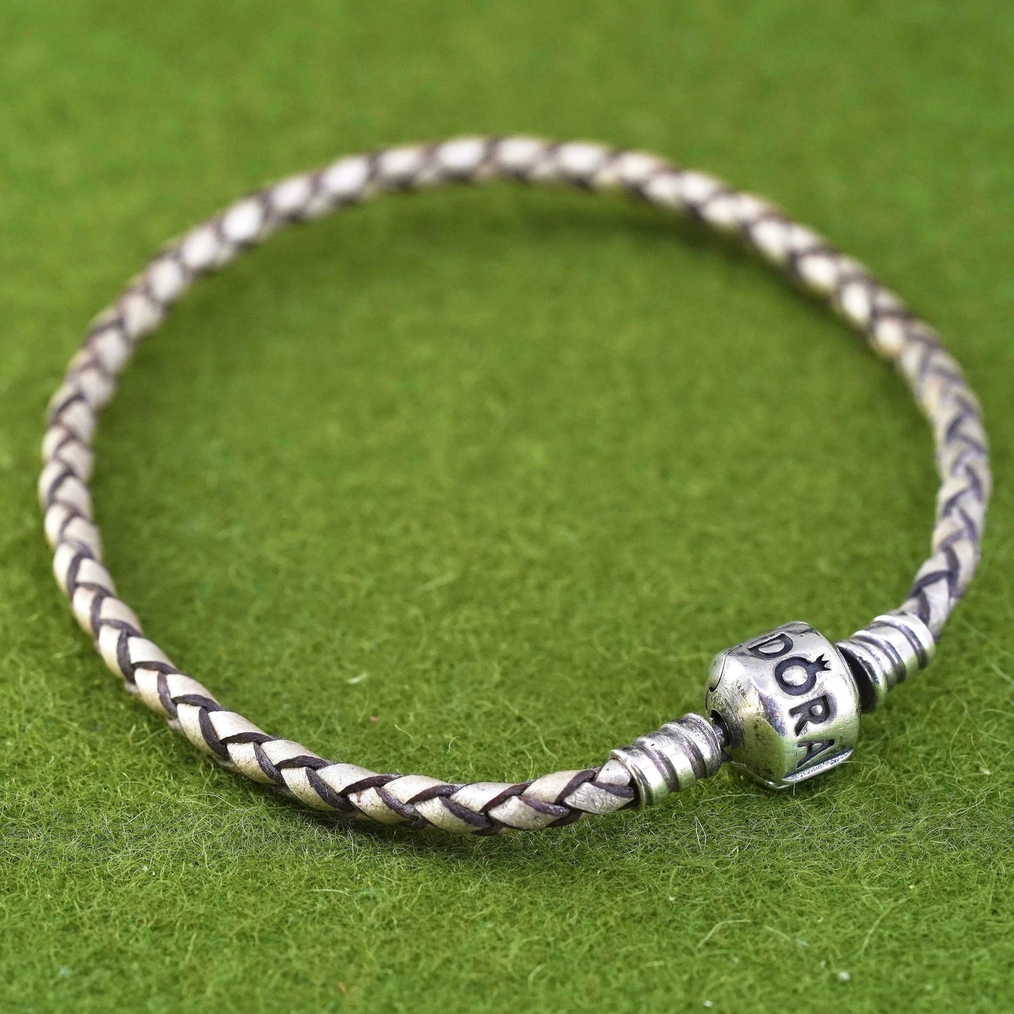 7.25", VTG Pandora woven leather chain, 925 sterling silver closure bracelet