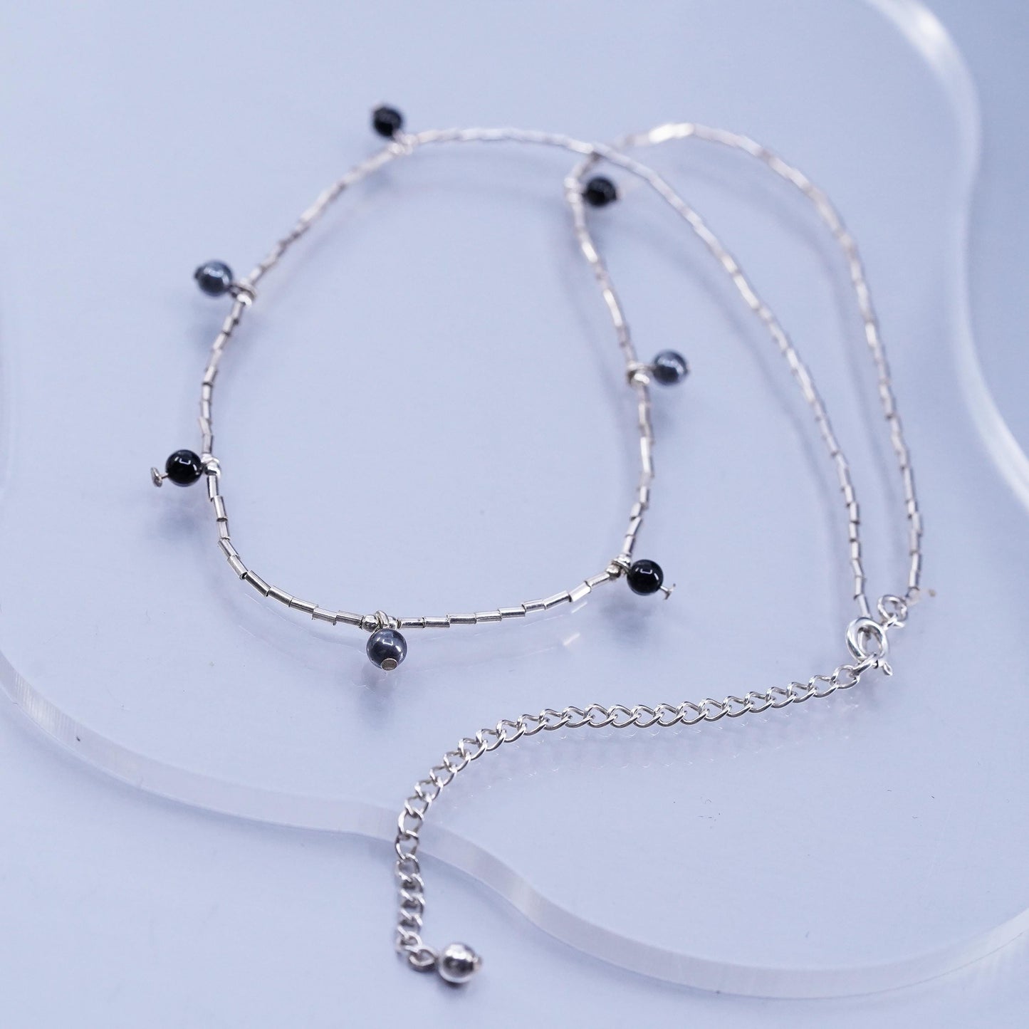 16+3”, Native American Sterling 925 liquid silver necklace hematite beads