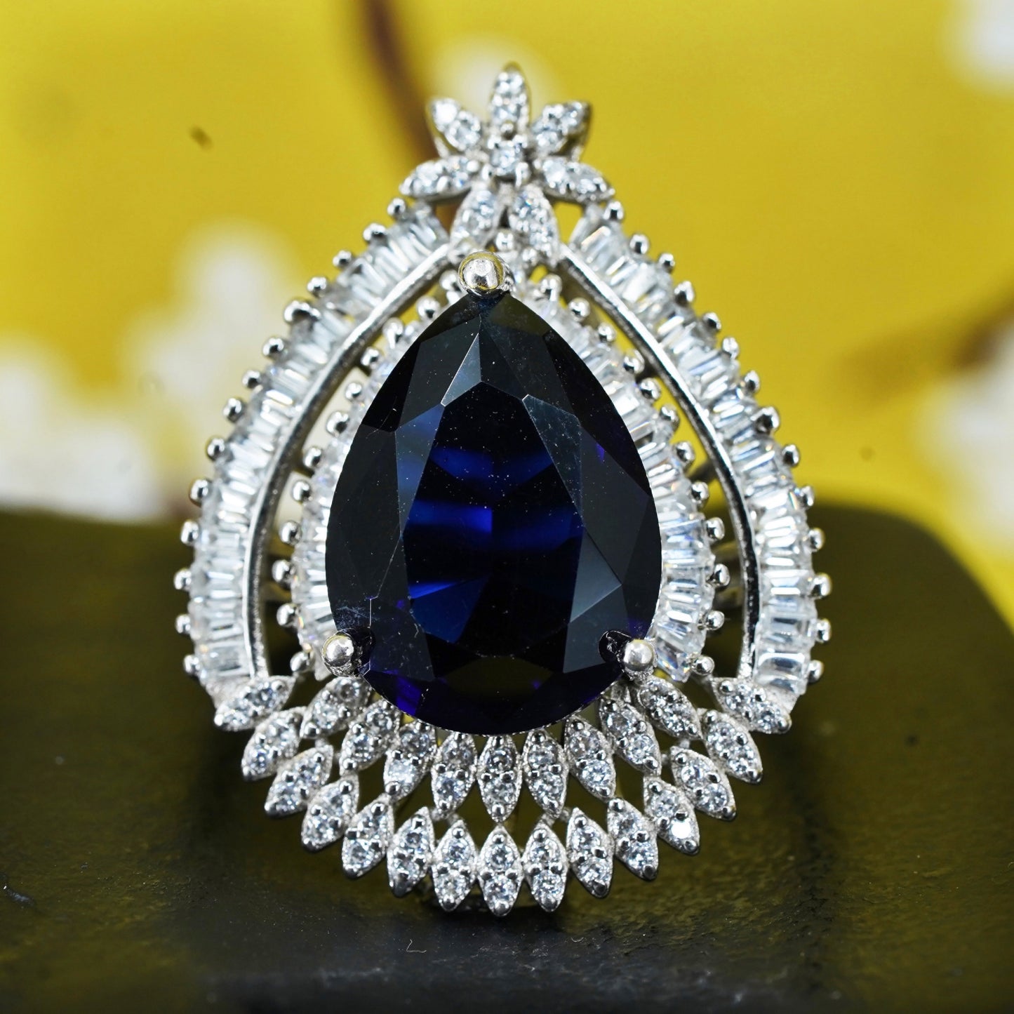 Size 6, Sterling silver handmade ring, 925 band with teardrop blue sapphire