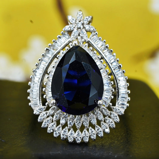 Size 6, Sterling silver handmade ring, 925 band with teardrop blue sapphire