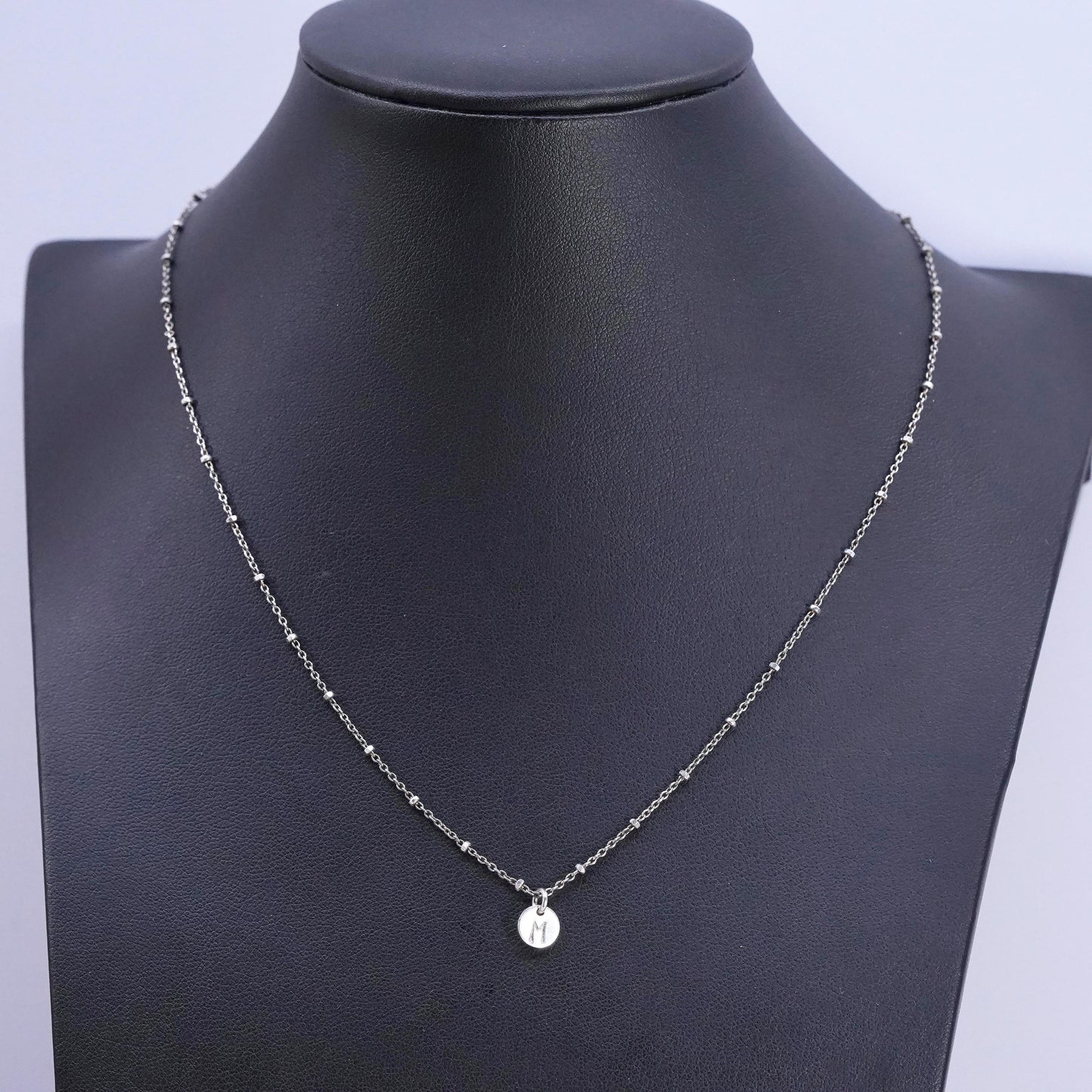14+2”, VTG Sterling silver handmade necklace, 925 bead chain with tag letter M