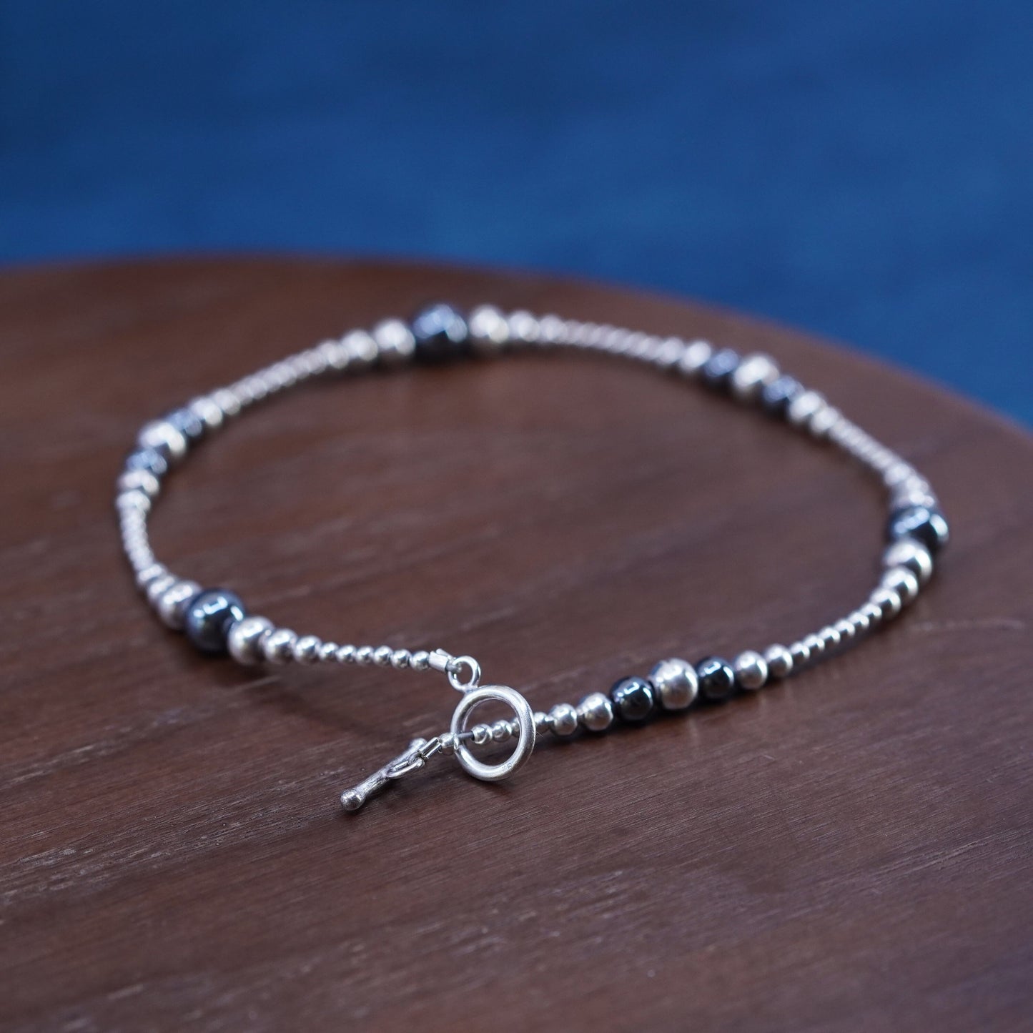 10”, vintage sterling silver handmade bracelet, 925 anklet bead chain hematite