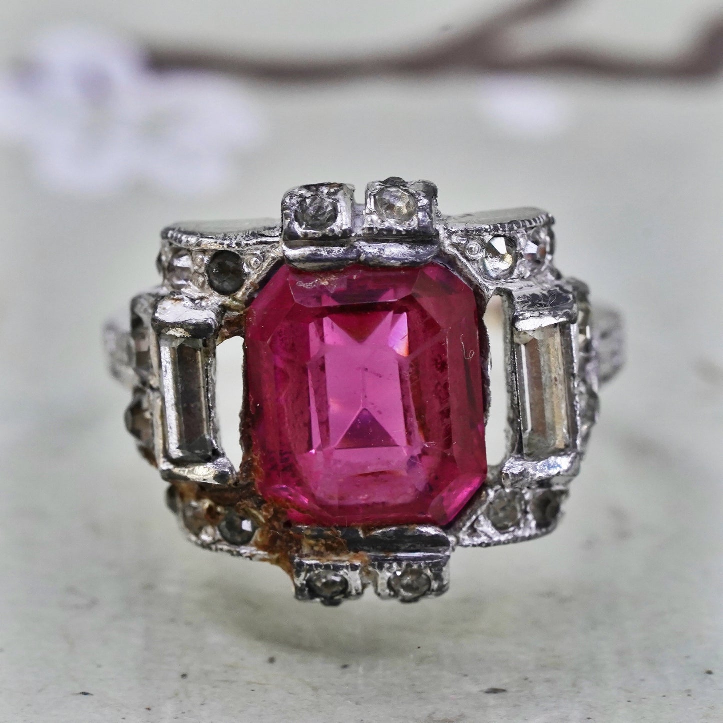 Size 5, 925 Sterling silver ring with pink Rhinestone, engagement ring