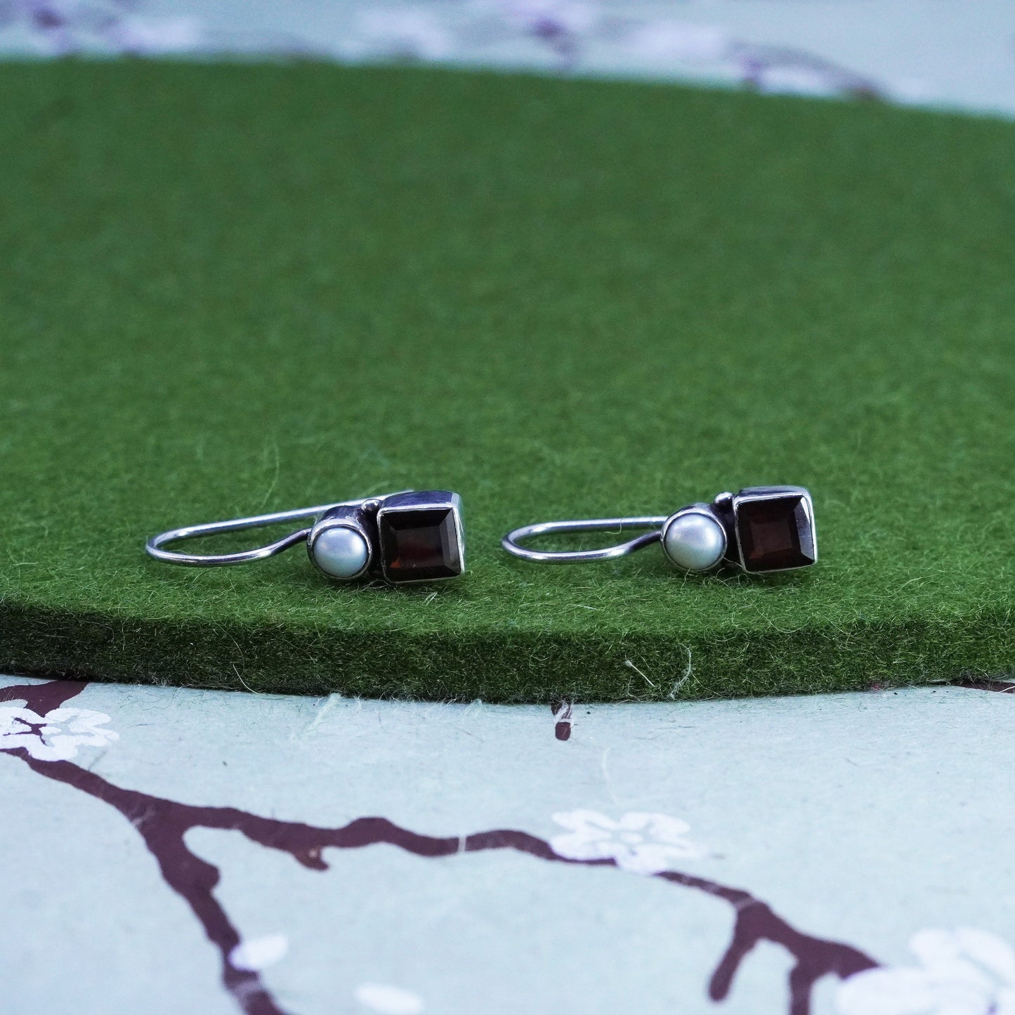 Vintage Sterling 925 Silver Handmade earrings with pearl and ruby