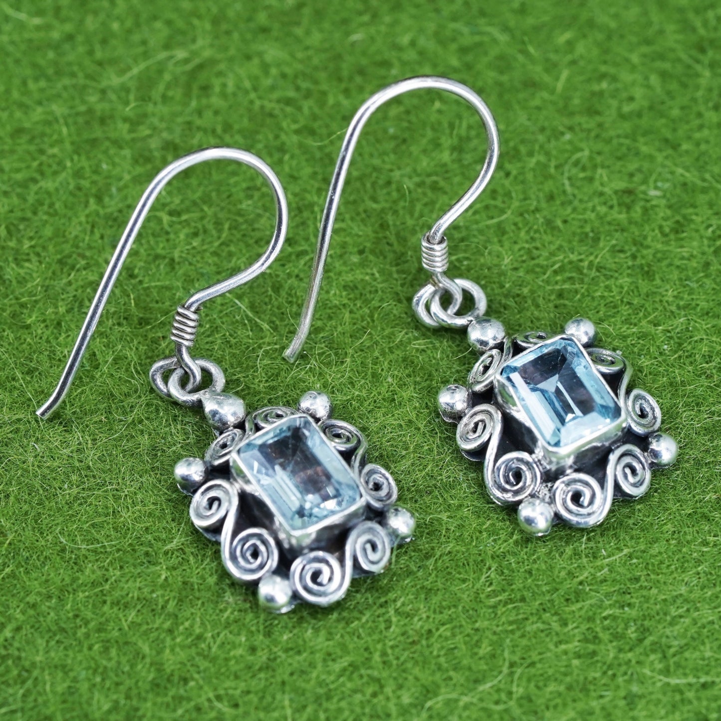 Vintage sterling silver 925 handmade earrings with blue topaz and sprial detail
