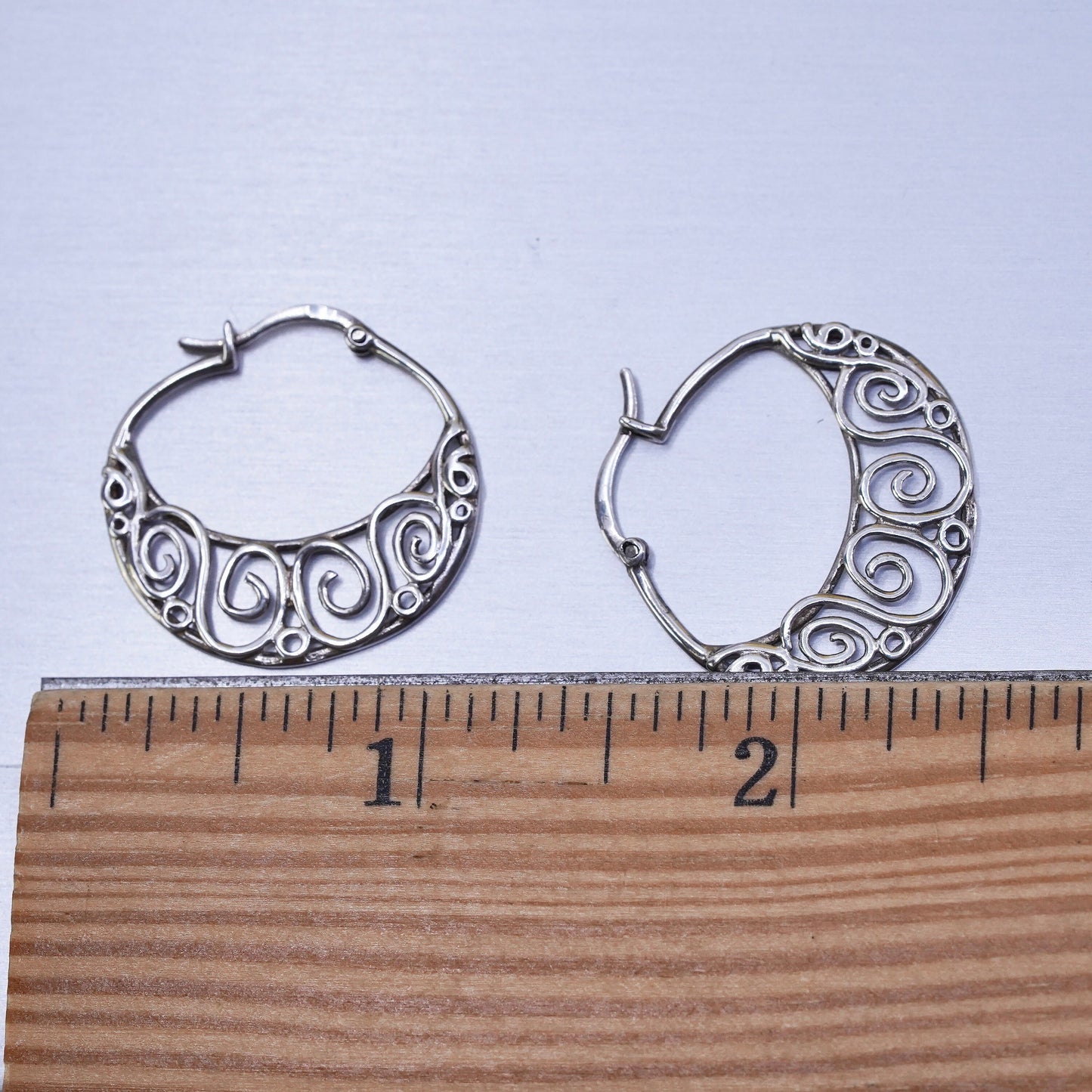 1”, Sterling silver flatten matted filigree swirly hoop earrings, 925 huggie
