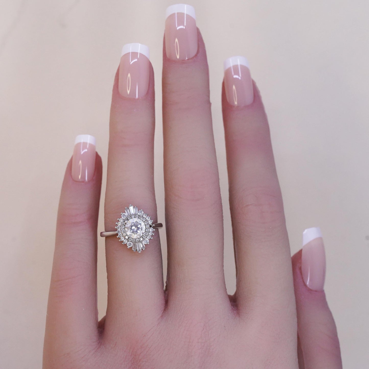 Size 4.5, 925 Sterling silver ring with crystal and CZ cluster, engagement ring