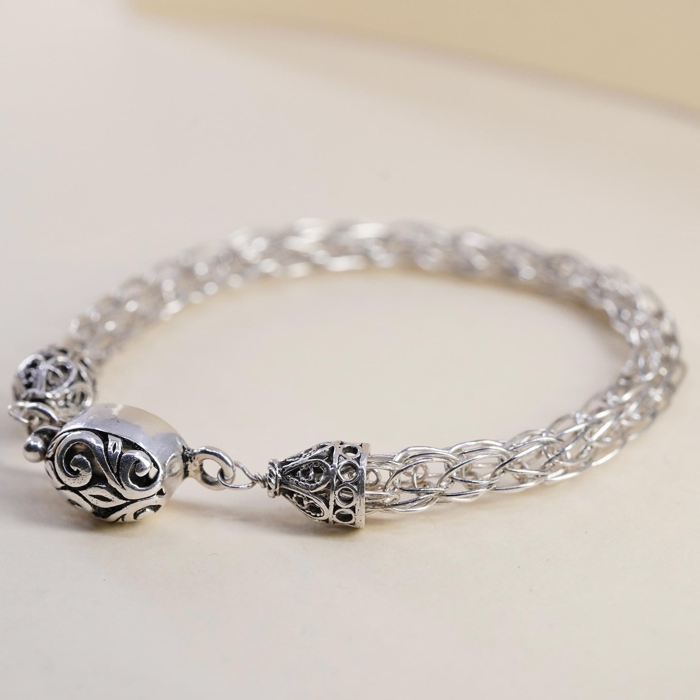 6.25”, vintage sterling silver bracelet, 925 wheat chain with filigree clasp