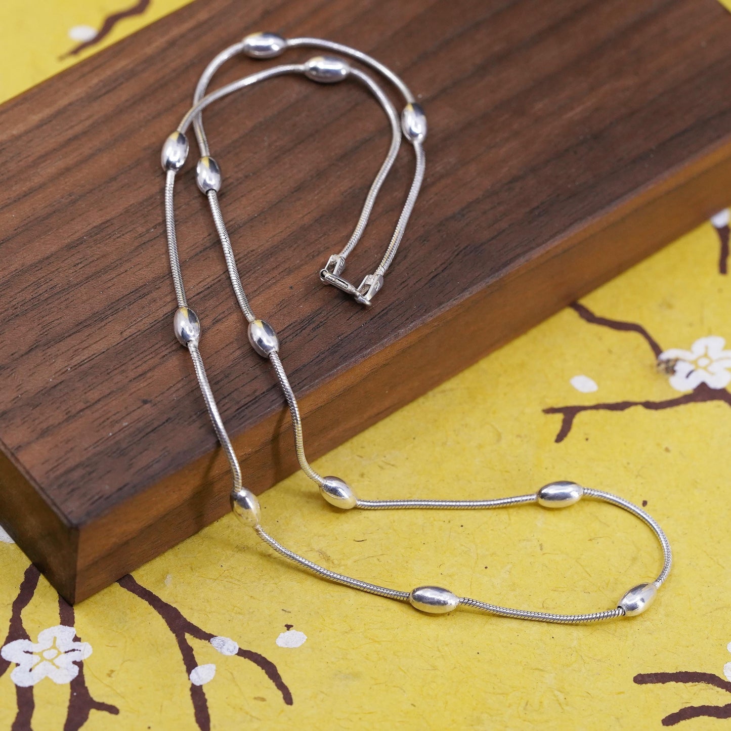 18", vintage Sterling silver necklace, Italy 925 square snake chain 4mm beads