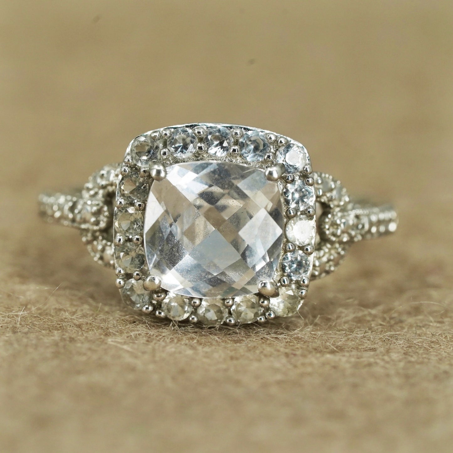 Size 7.5, vintage Sterling 925 silver handmade engagement ring with cluster Cz