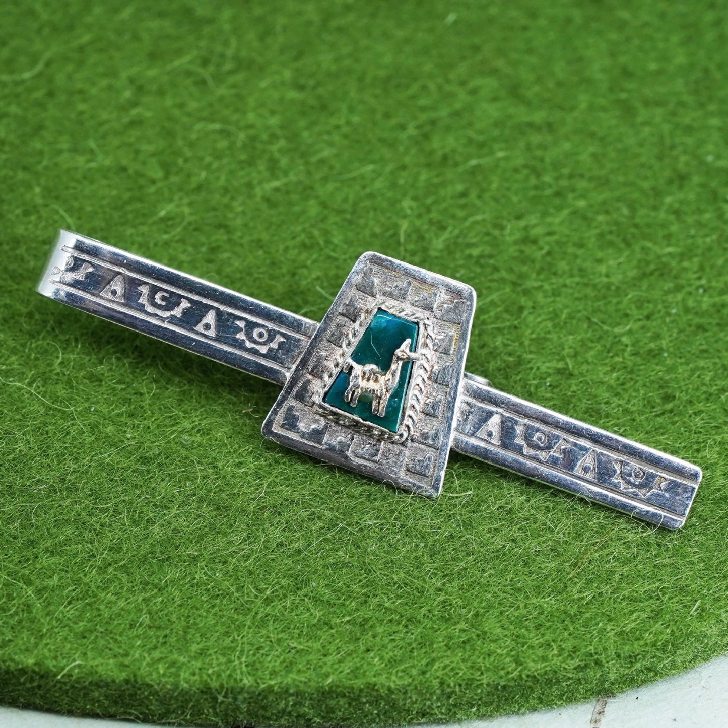 Vintage sterling 925 silver handmade tie clip with turquoise and llama