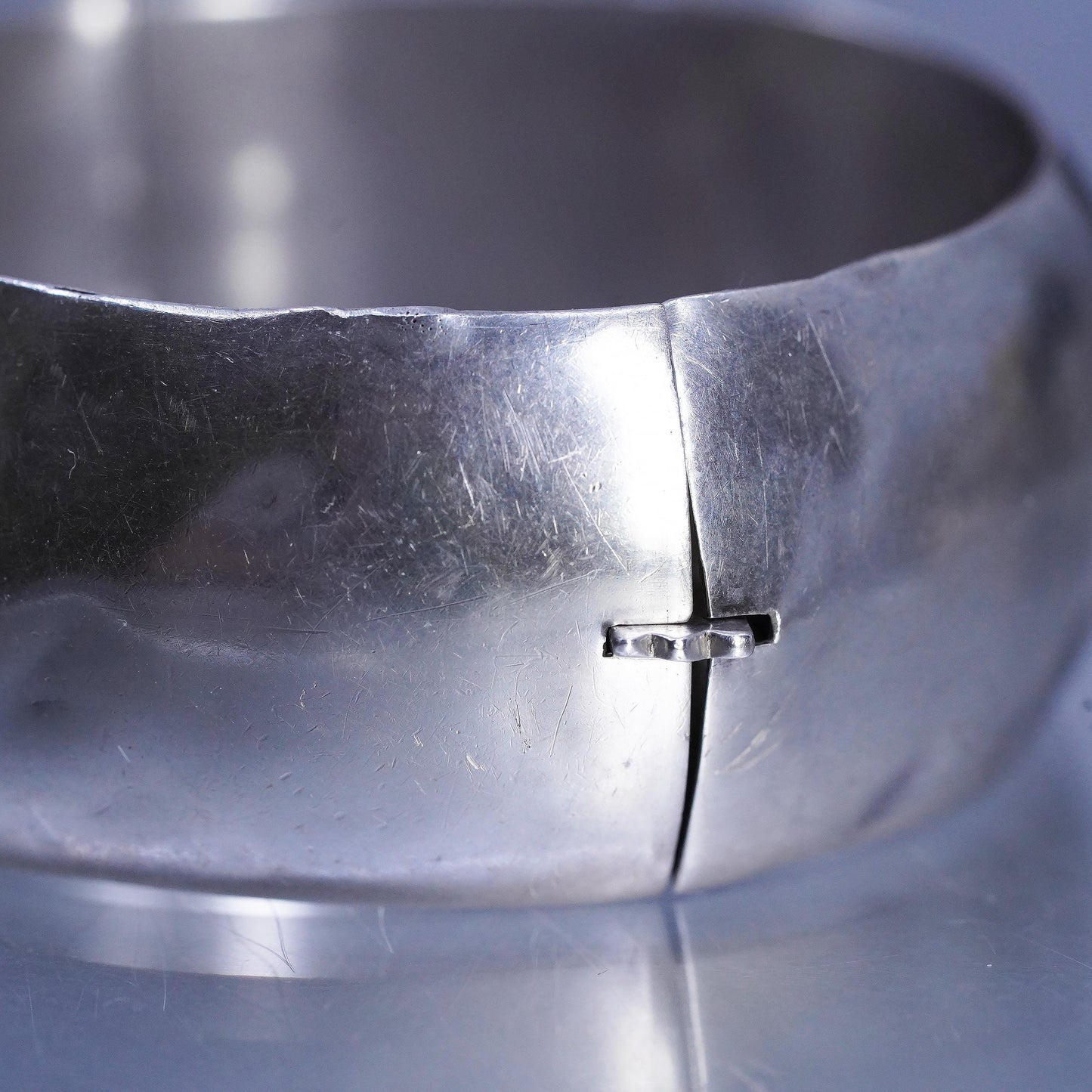 7", DENTED! Vintage Sterling 925 silver handmade bracelet, wide hinged bangle