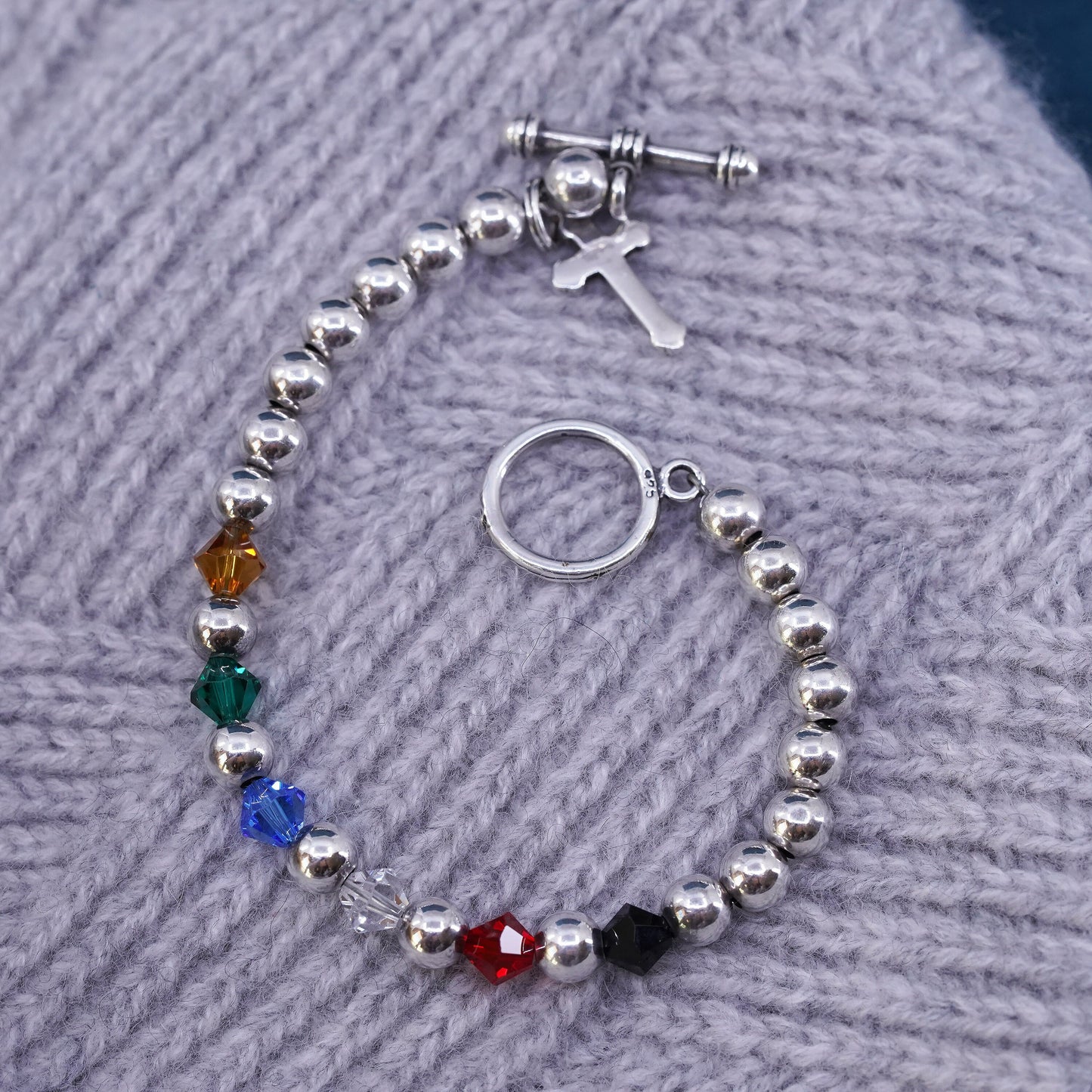 6.25” Italy Sterling silver handmade chain, 925 beads bracelet with cross charm