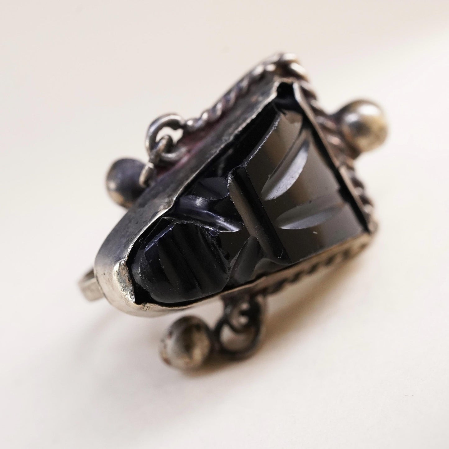 Mexican sterling silver single earring, 925 screw back Carved Warrior Onyx