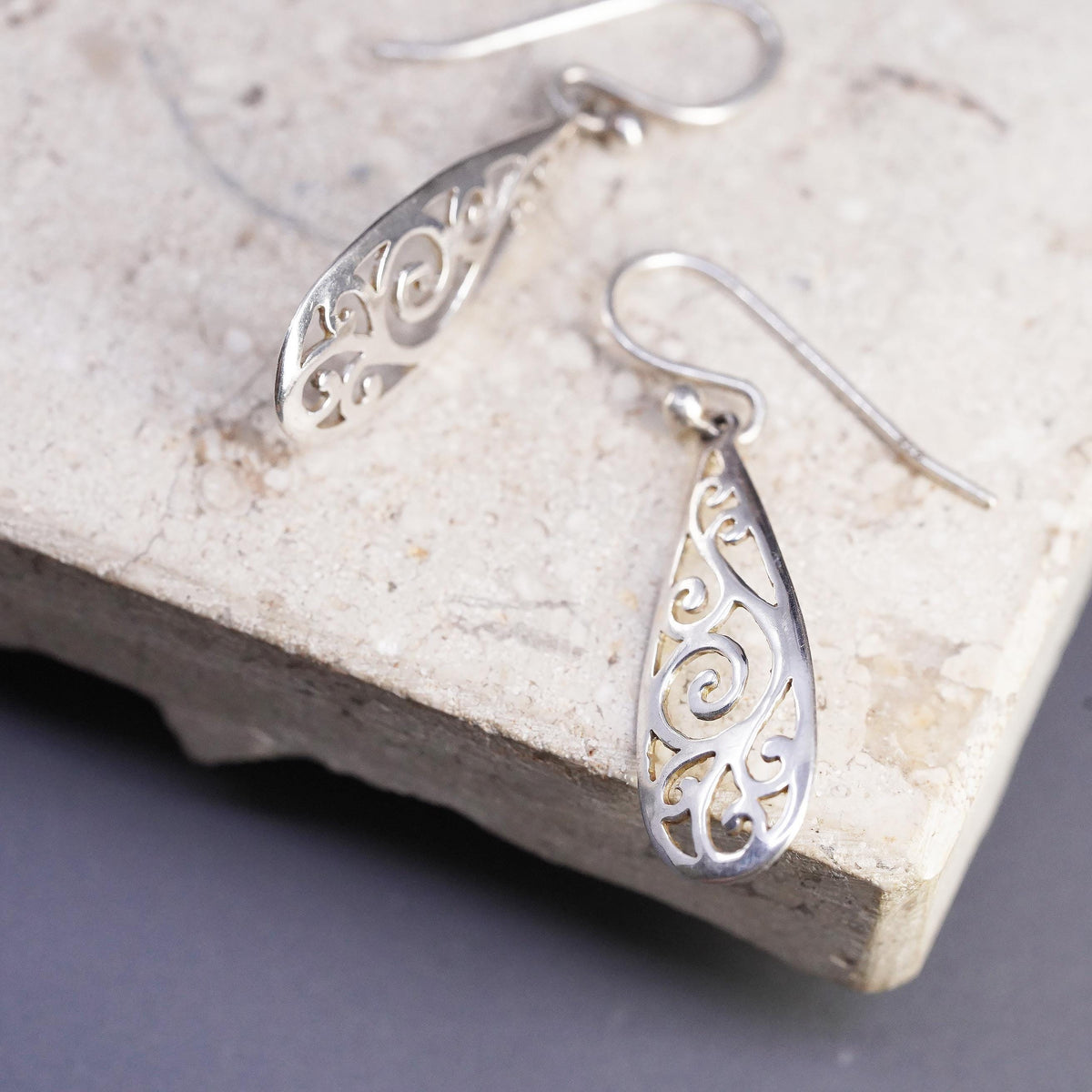 Vintage sterling silver handmade earrings, 925 filigree teardrop drop