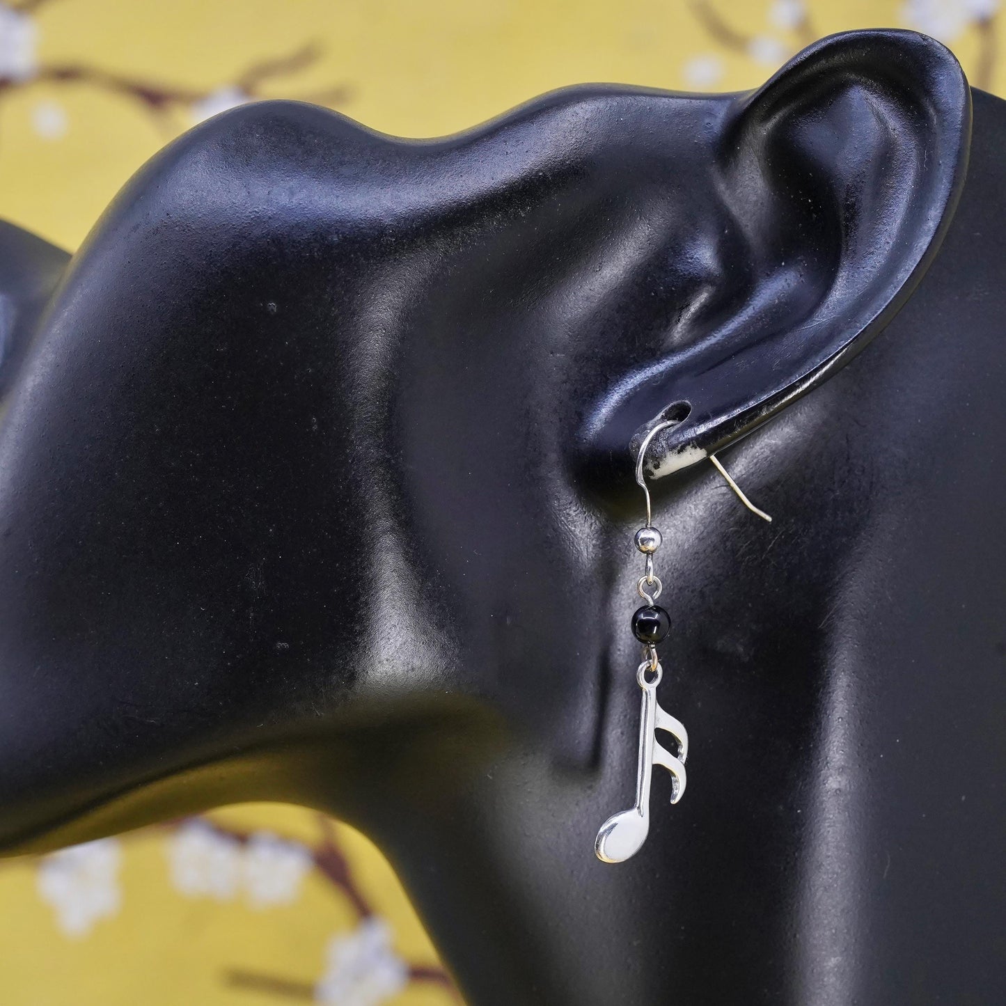 Vintage Sterling 925 silver handmade music note earrings with onyx beads