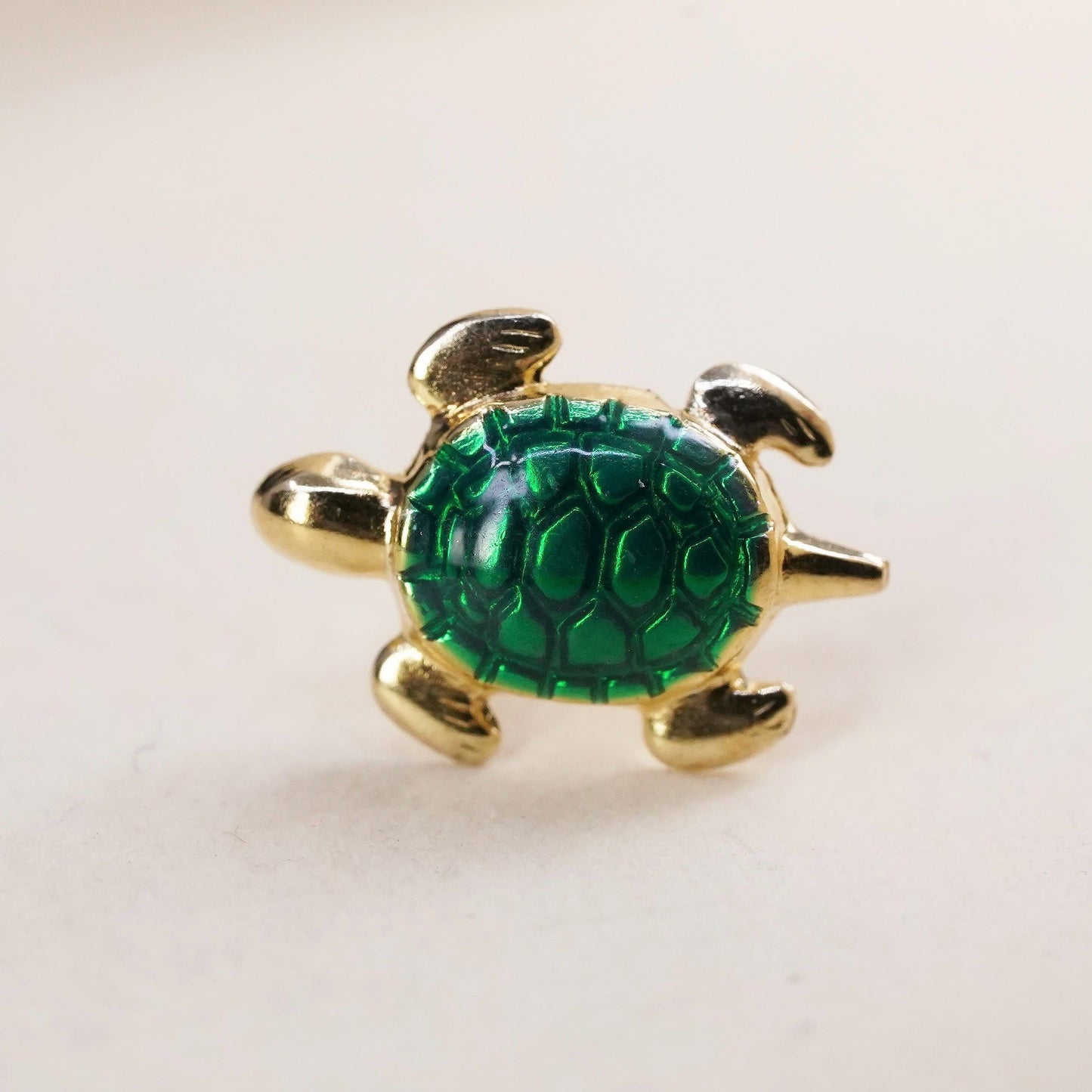 vermeil gold over single earring. Sterling 925 silver green enamel turtle stud