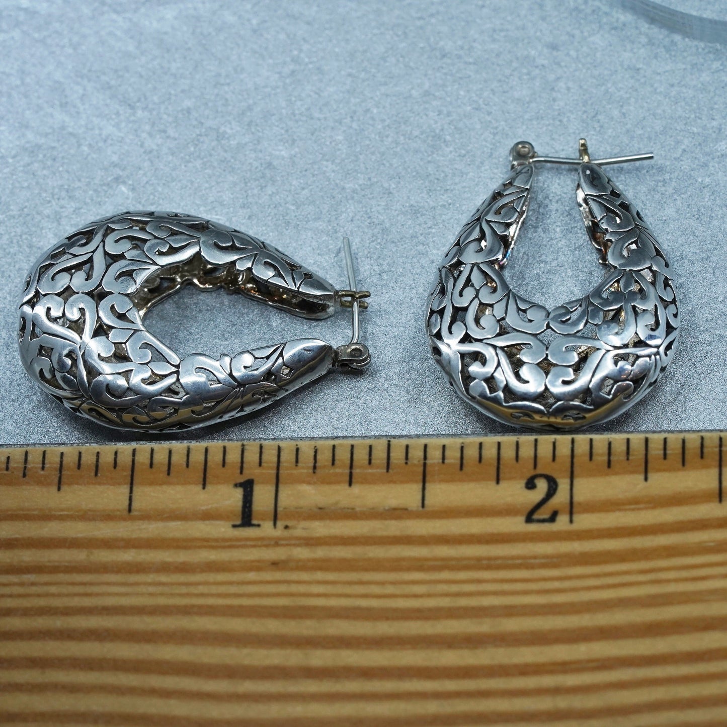 1”, vintage Jezlaine Sterling silver filigree hoop earrings, 925 huggie