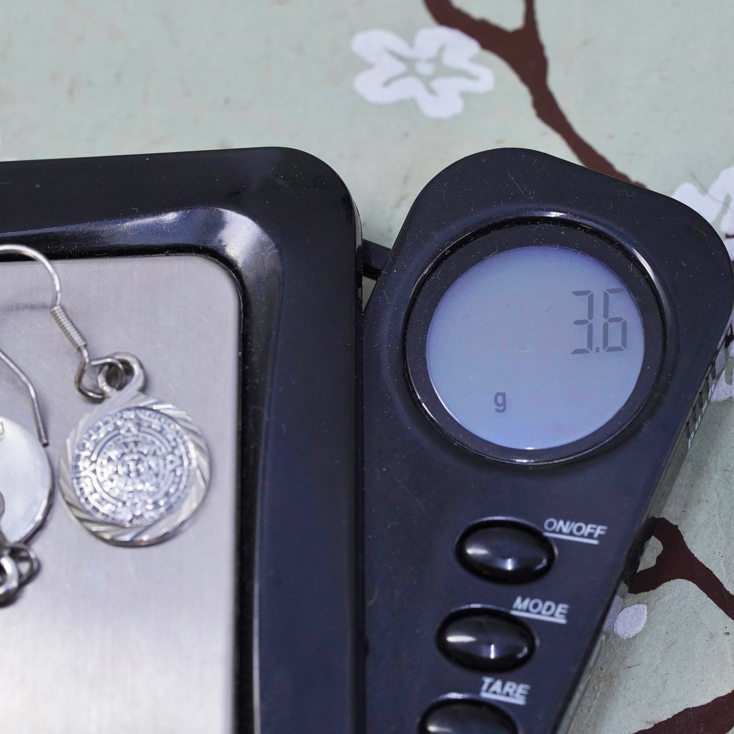 Vintage mexico sterling silver handmade earrings, 925 mayan calendar tag dangle