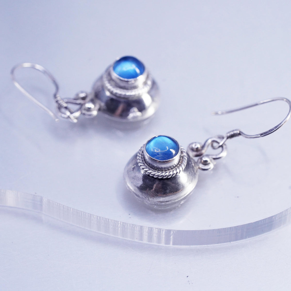 Sterling 925 Silver Blue Moonstone Cabochon Dangles, Artisan Rope Drop Earrings