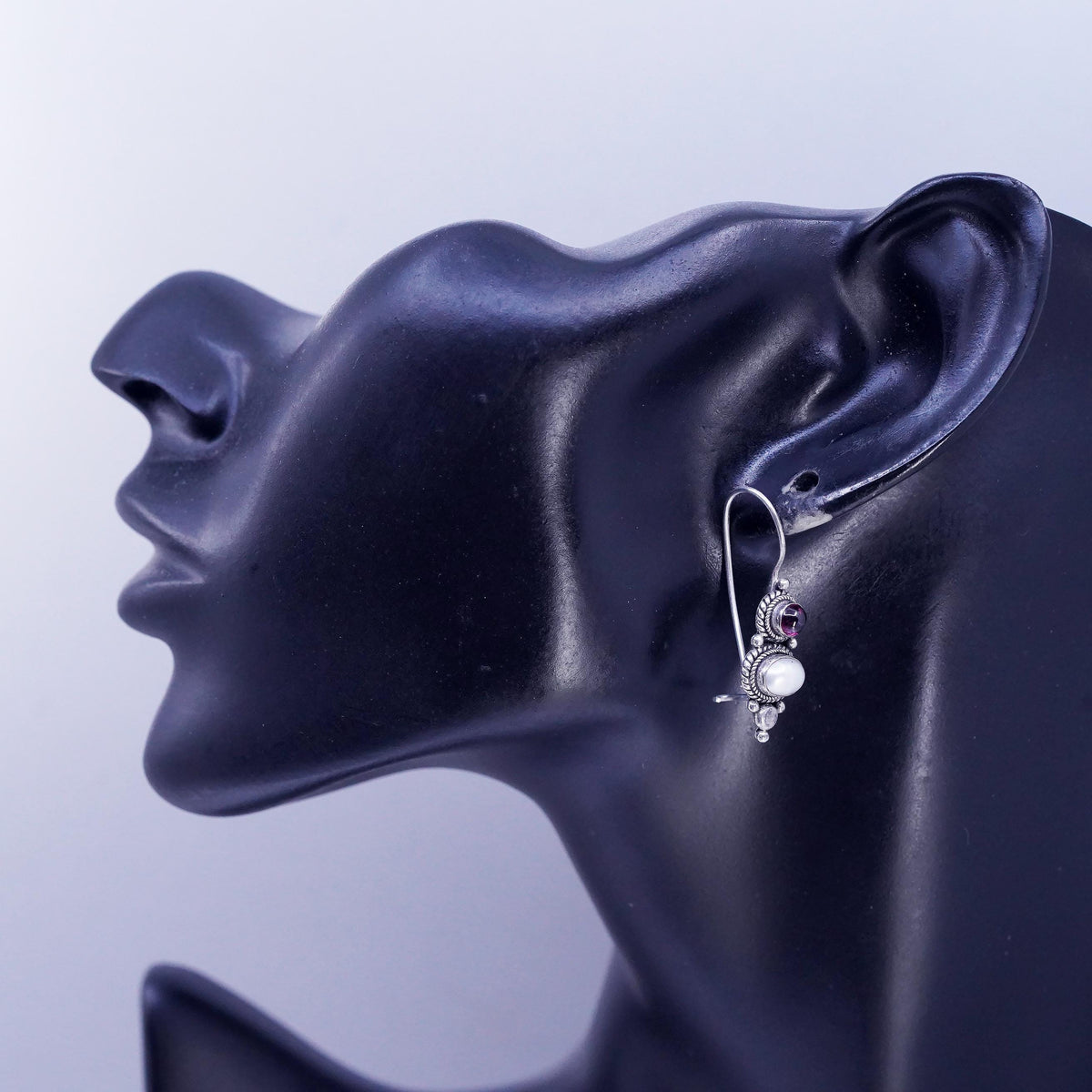 Vintage Sterling 925 silver handmade earrings with white pearl and garnet beads