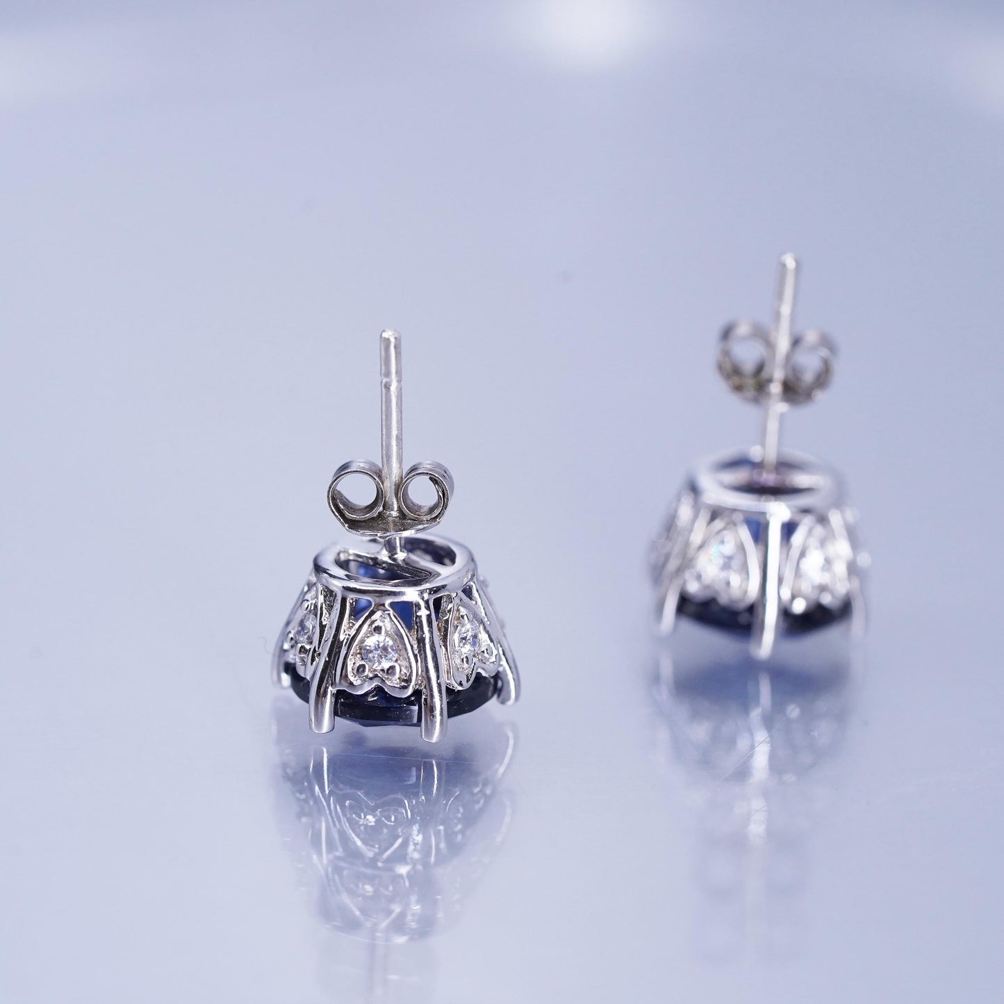 Vintage Sterling 925 silver handmade earrings, studs with sapphire cz