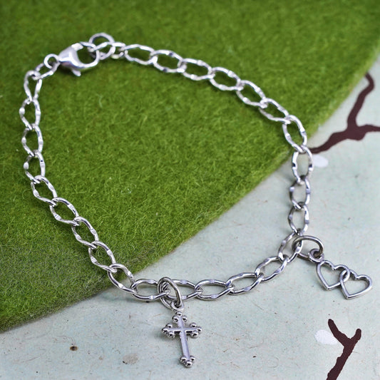 6.75”, sterling 925 silver twisted curb bracelet and cross double heart charms