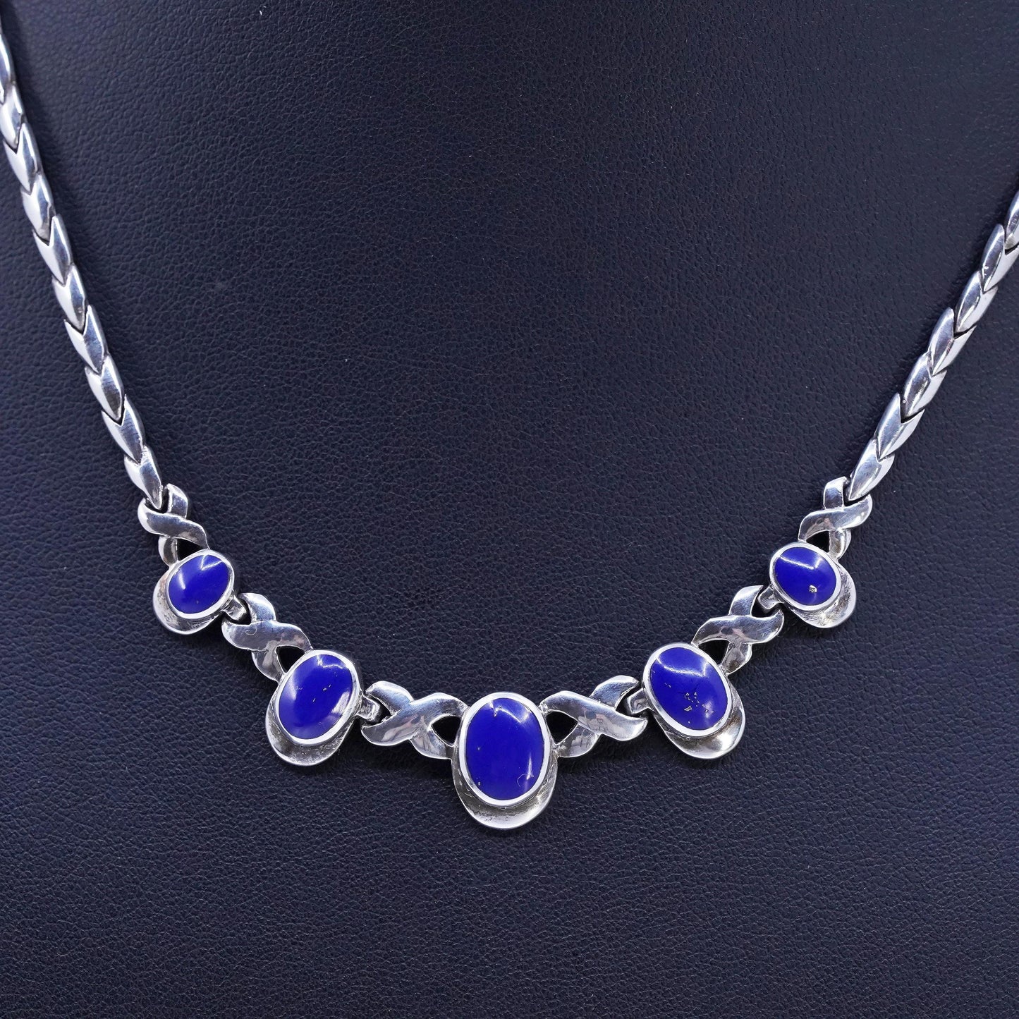 16" 3mm, vintage southwestern Sterling silver 925 tennis necklace with blue onyx