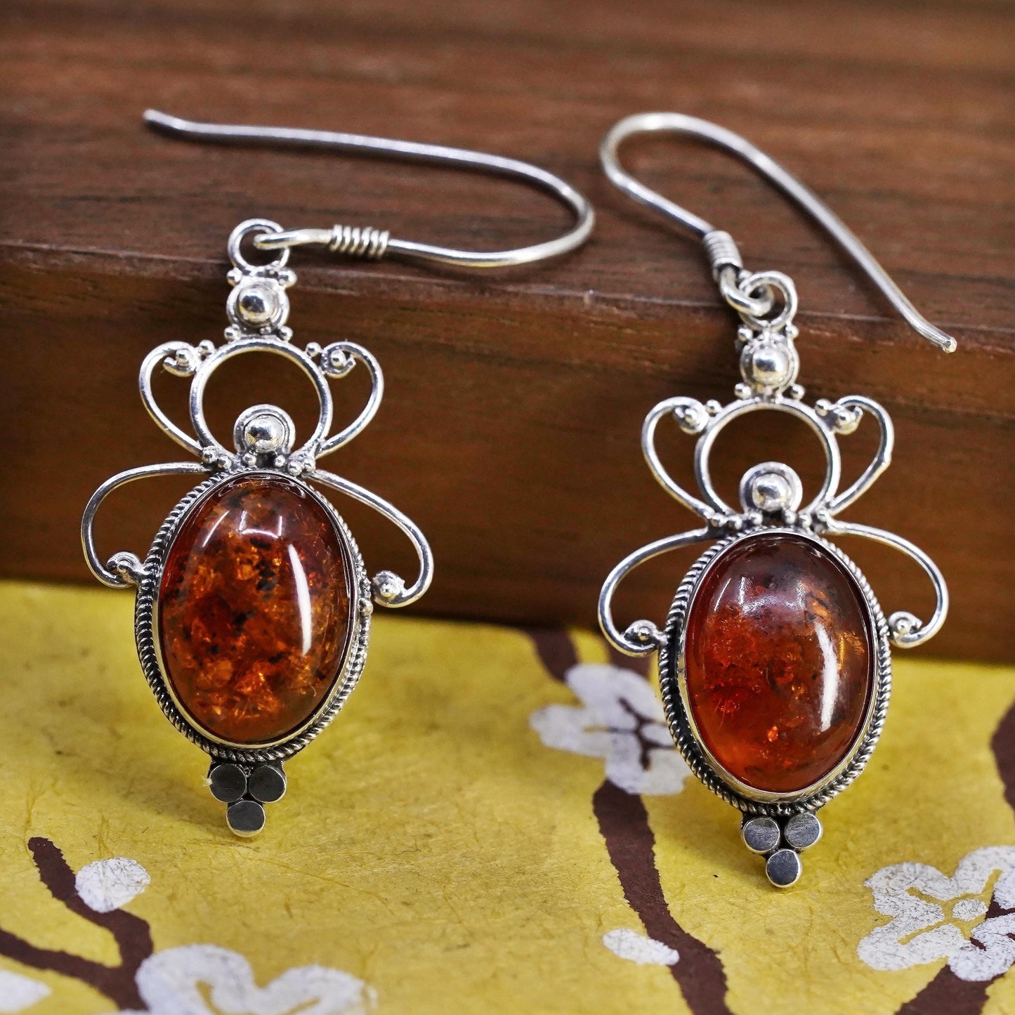 Vintage Sterling 925 silver handmade earrings with oval Amber