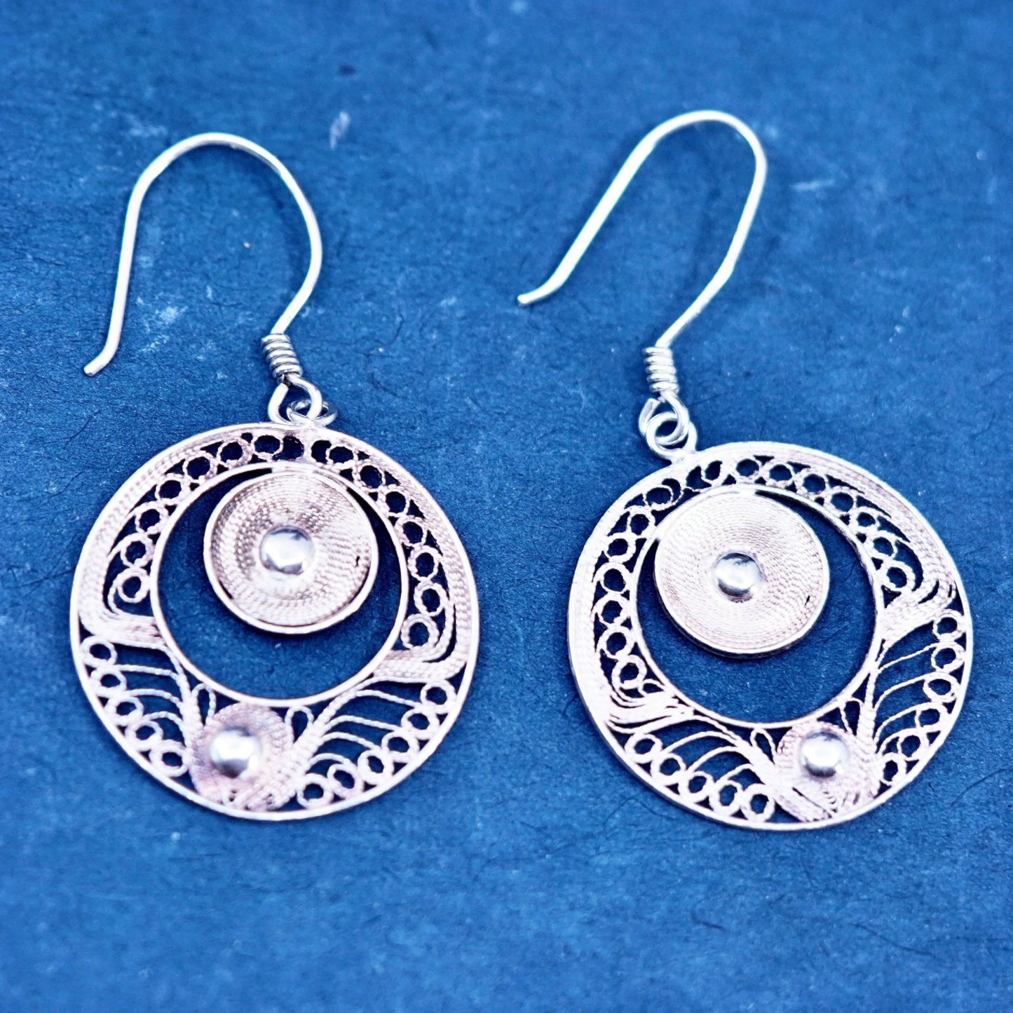 Vintage sterling silver handmade earrings, 925 filigree circle drop